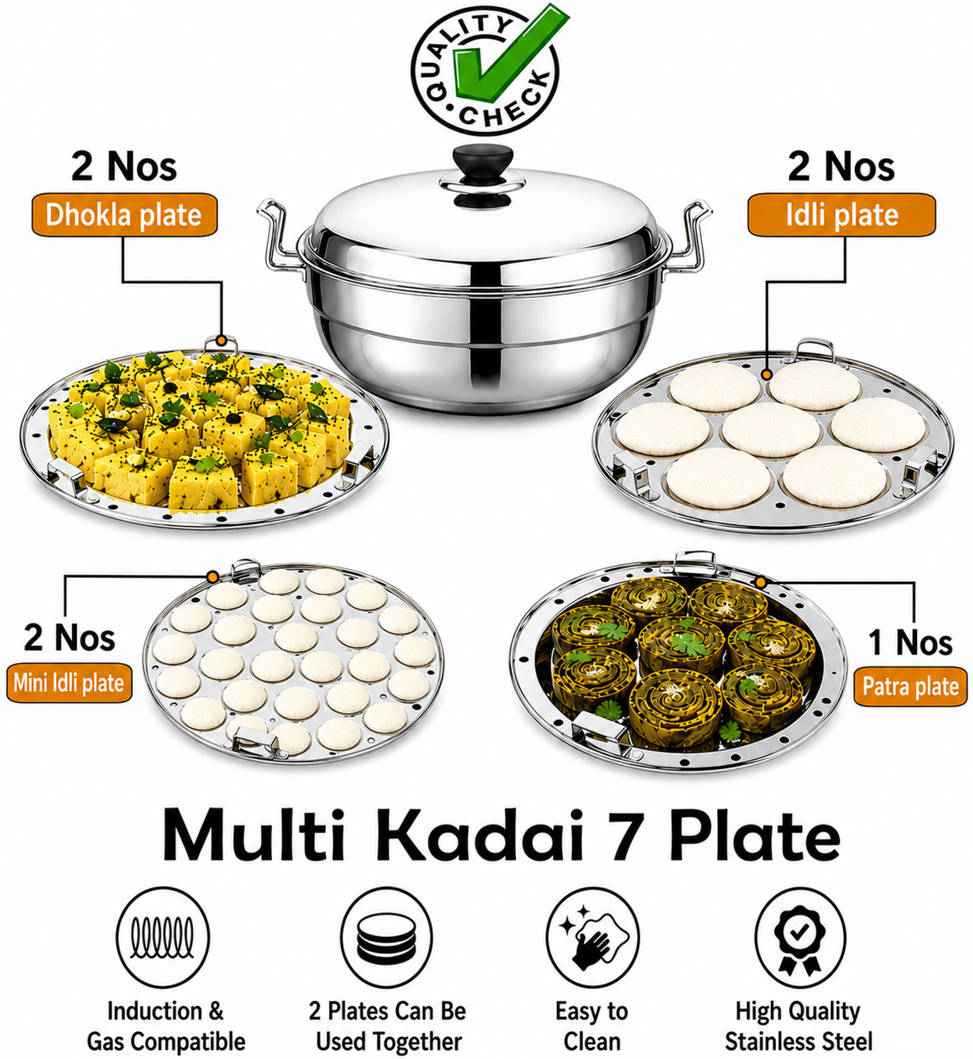 Image of MITHALI Multi Kadai Steamer Big Size 6 Plate, 2 Idli|2 Mini Idli|2 Dhokla|1 Patra|Momo's Induction & Standard Idli Maker