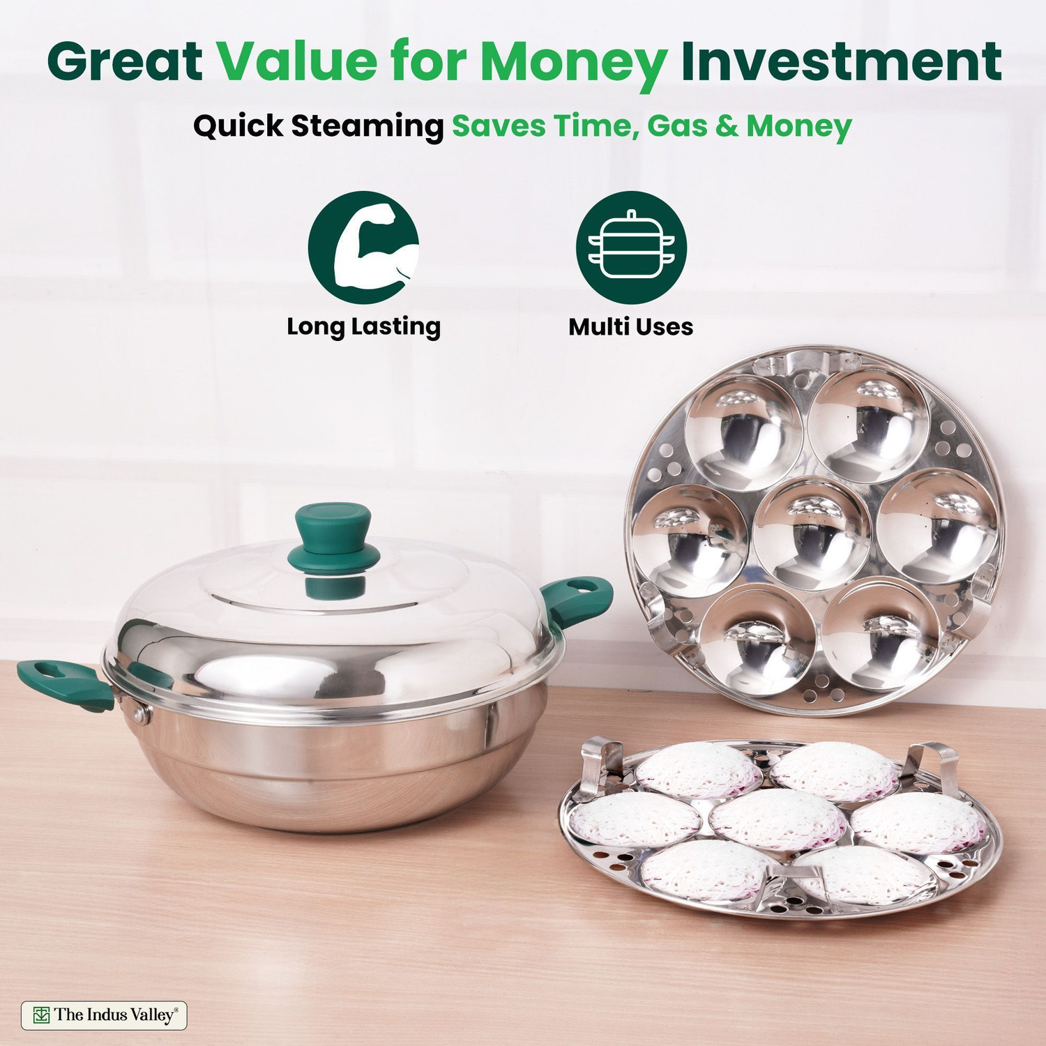 Image of The Indus Valley Stainless Steel 3-Layer Bottom Idli maker /pot | 27 cm Diameter Induction & Standard Idli Maker
