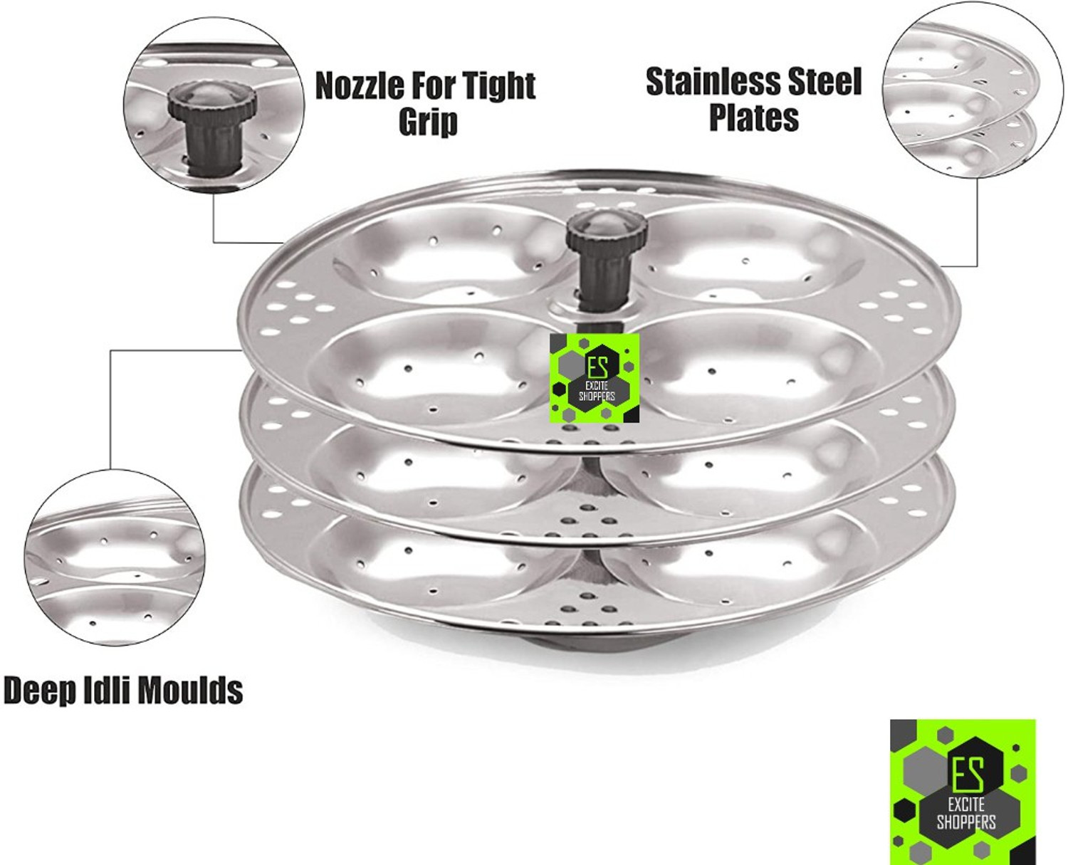Image of Excite Shoppers Heavy Quality 3 Plates Stainless Steel Idli Maker Standard Idli Maker