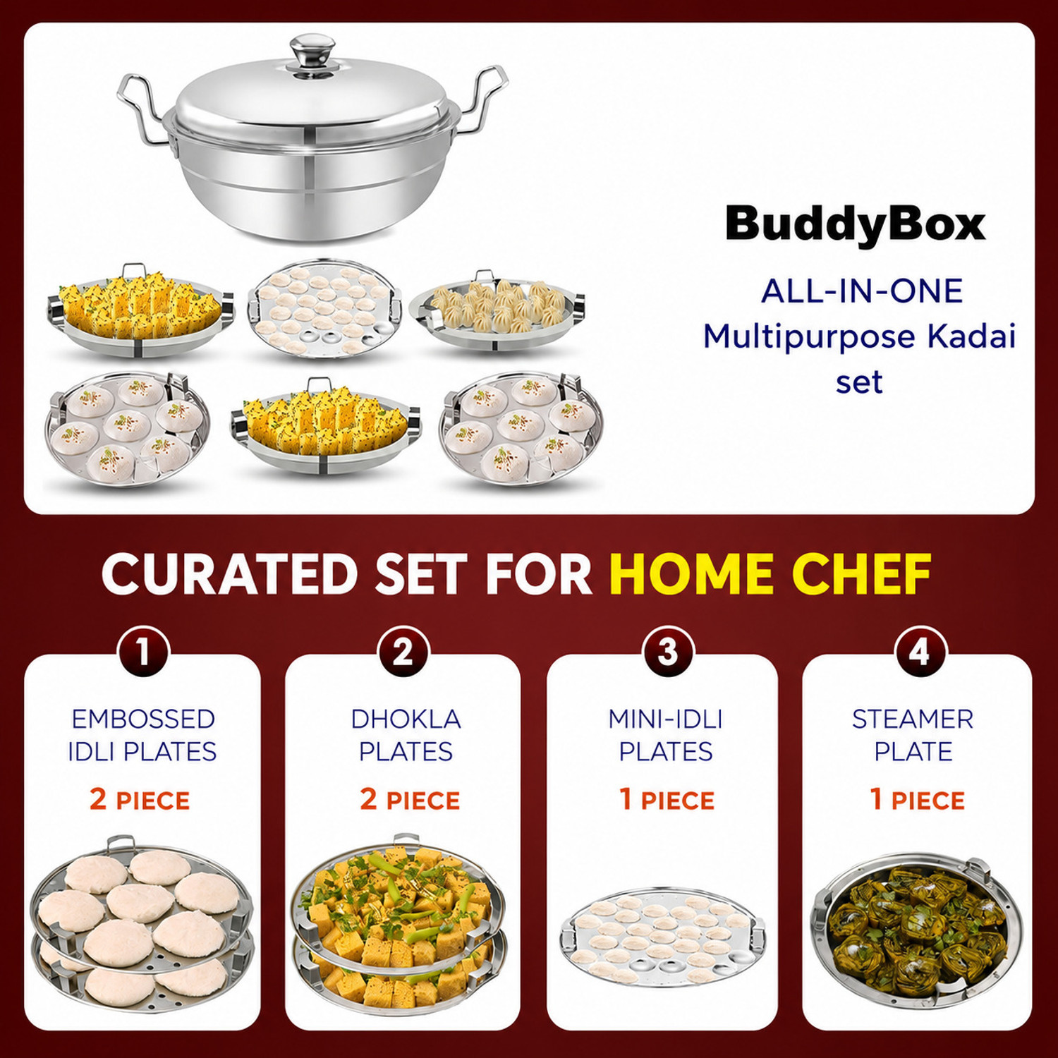 Image of Sambhavnath Multi Kadai Steamer Big Size 6 Plate, 2 Idli|1 Mini Idli|2 Dhokla|1 Patra|Momo's Induction & Standard Idli Maker