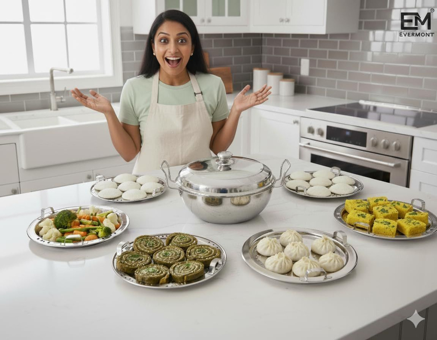 Image of Evermont 6 Plates Stainless Steel Multi Kadai with (Triply Bottom) Bottom Induction & Standard Idli Maker