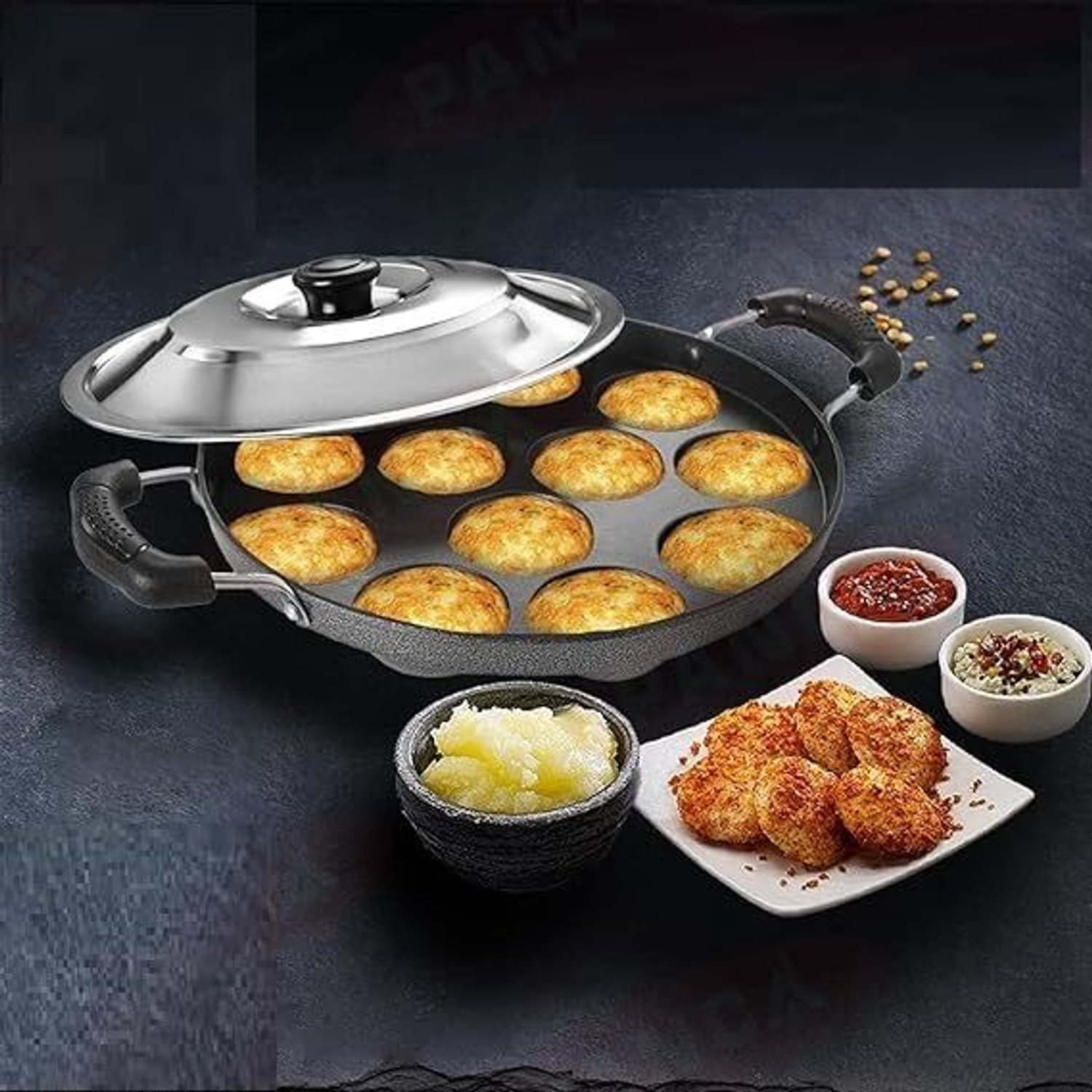 Image of Swarambh super appam patra with lid and handle / kulipaniyaram pan nonstick / appe / aapee Kadhai 23 cm diameter with Lid 0.5 L capacity