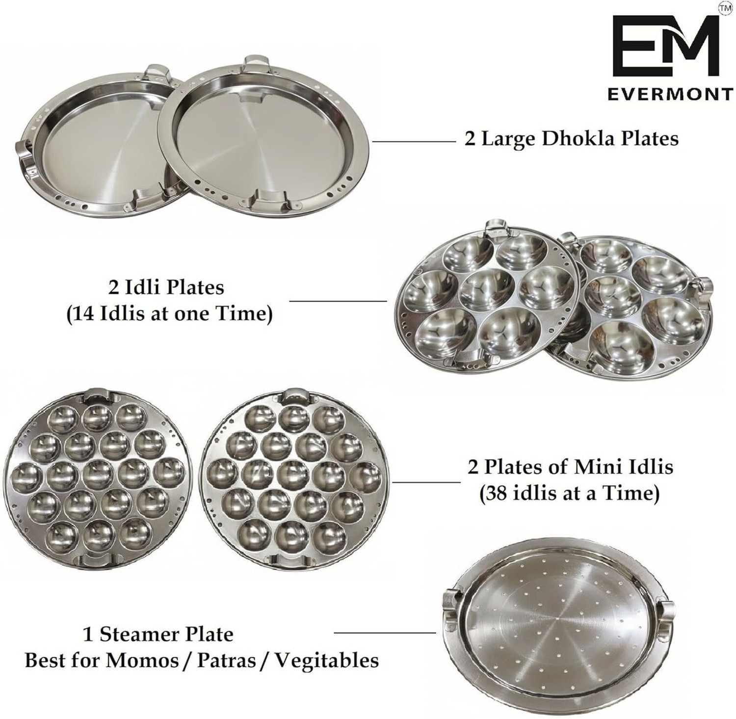 Image of Evermont Stainless Steel Multi Kadhai Cooker Set with Idli, Dhokla & Patra Plates Induction & Standard Idli Maker