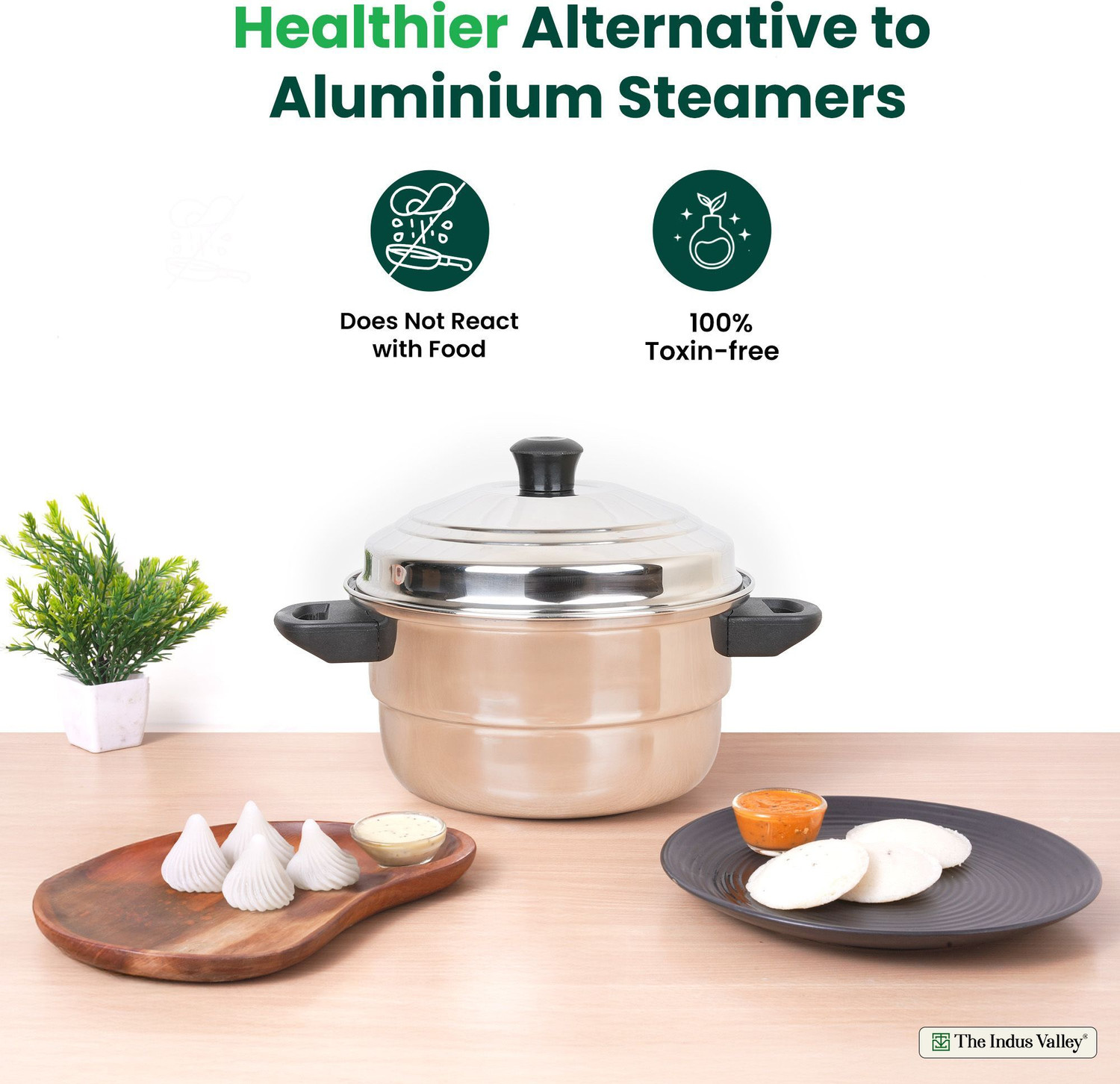 Image of The Indus Valley StainlessSteel 3-Layer Bottom Idli pot with mini idli plate 22.5cm Diameter Induction Idli Maker
