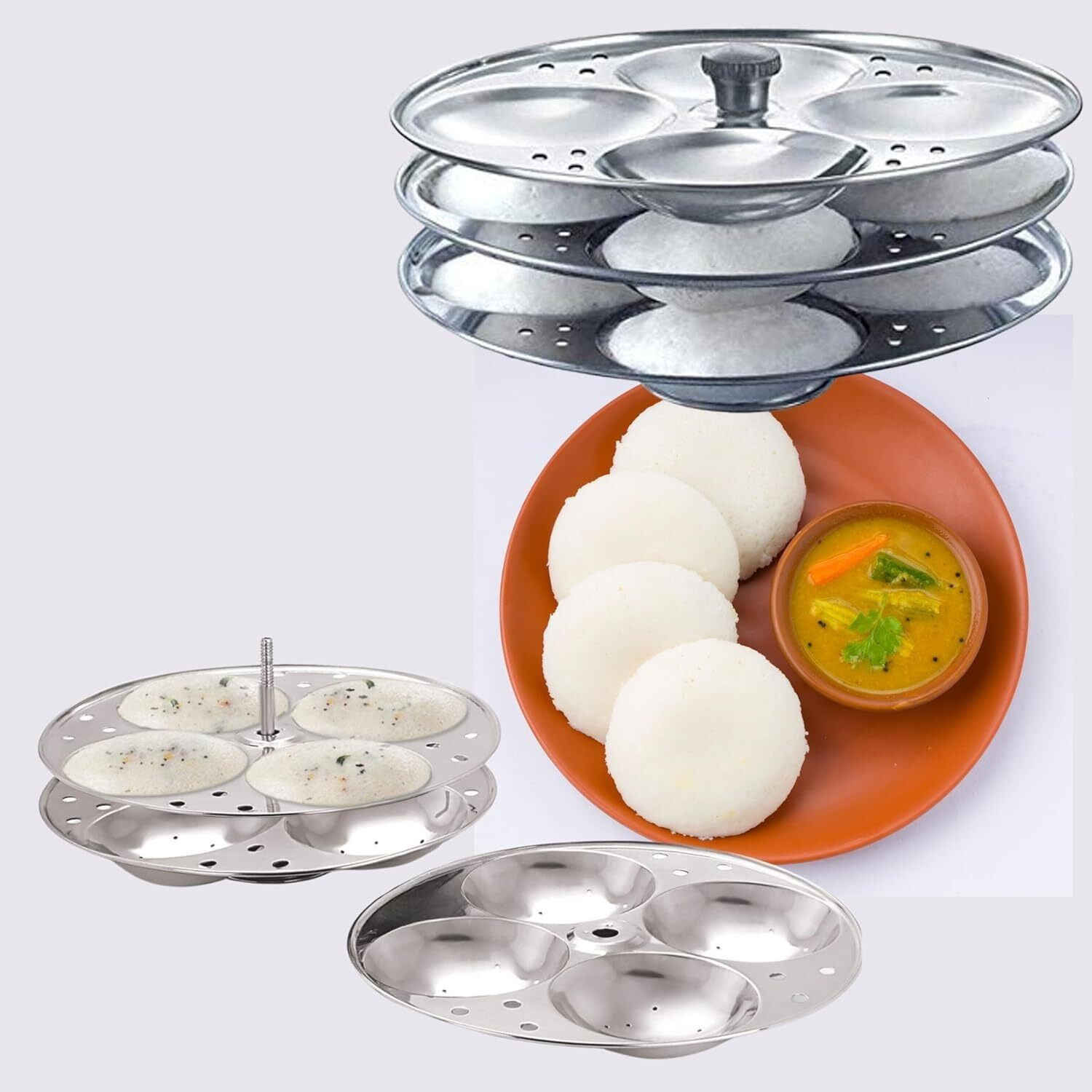 Image of THANGAM Thangam Stainless Steel Idly Stand 3 Plates (12 Idlis) with Steam Vent Standard Idli Maker