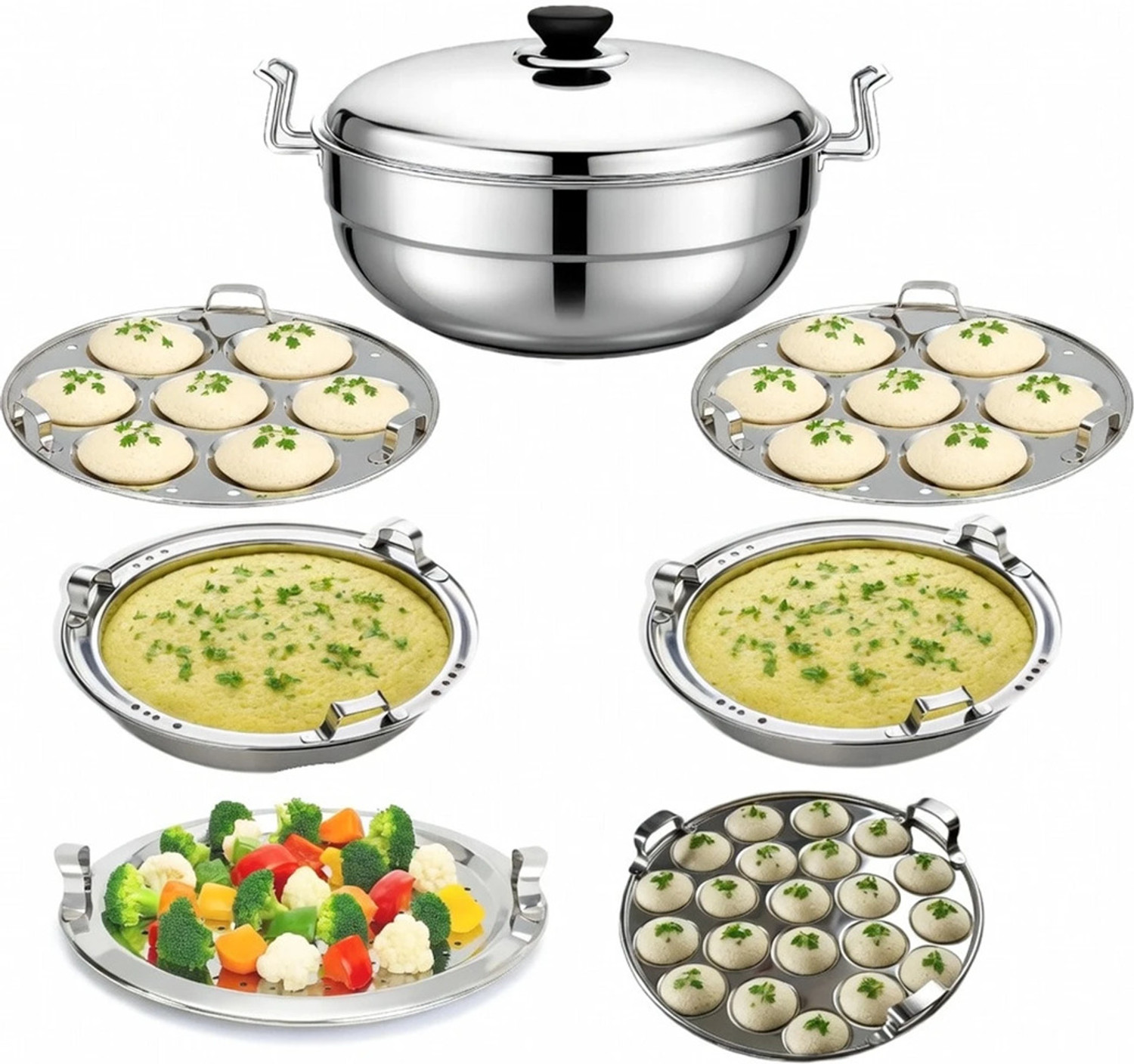 Image of Sambhavnath Multi Kadai Steamer Big Size 6 Plate, 2 Idli|1 Mini Idli|2 Dhokla|1 Patra|Momo's Induction & Standard Idli Maker