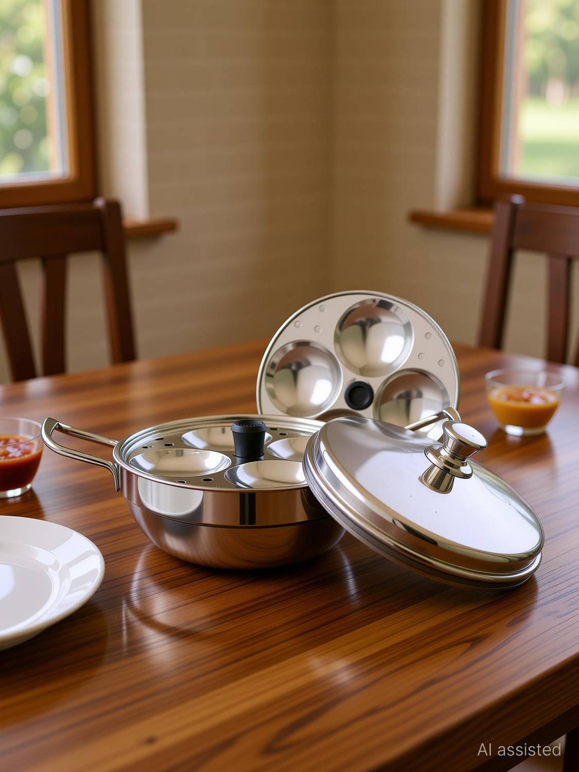AadiVeer Stainless Steel Idli cooker 2 idli plates and High Polished Bottom Kadai Induction & Standard Idli Maker