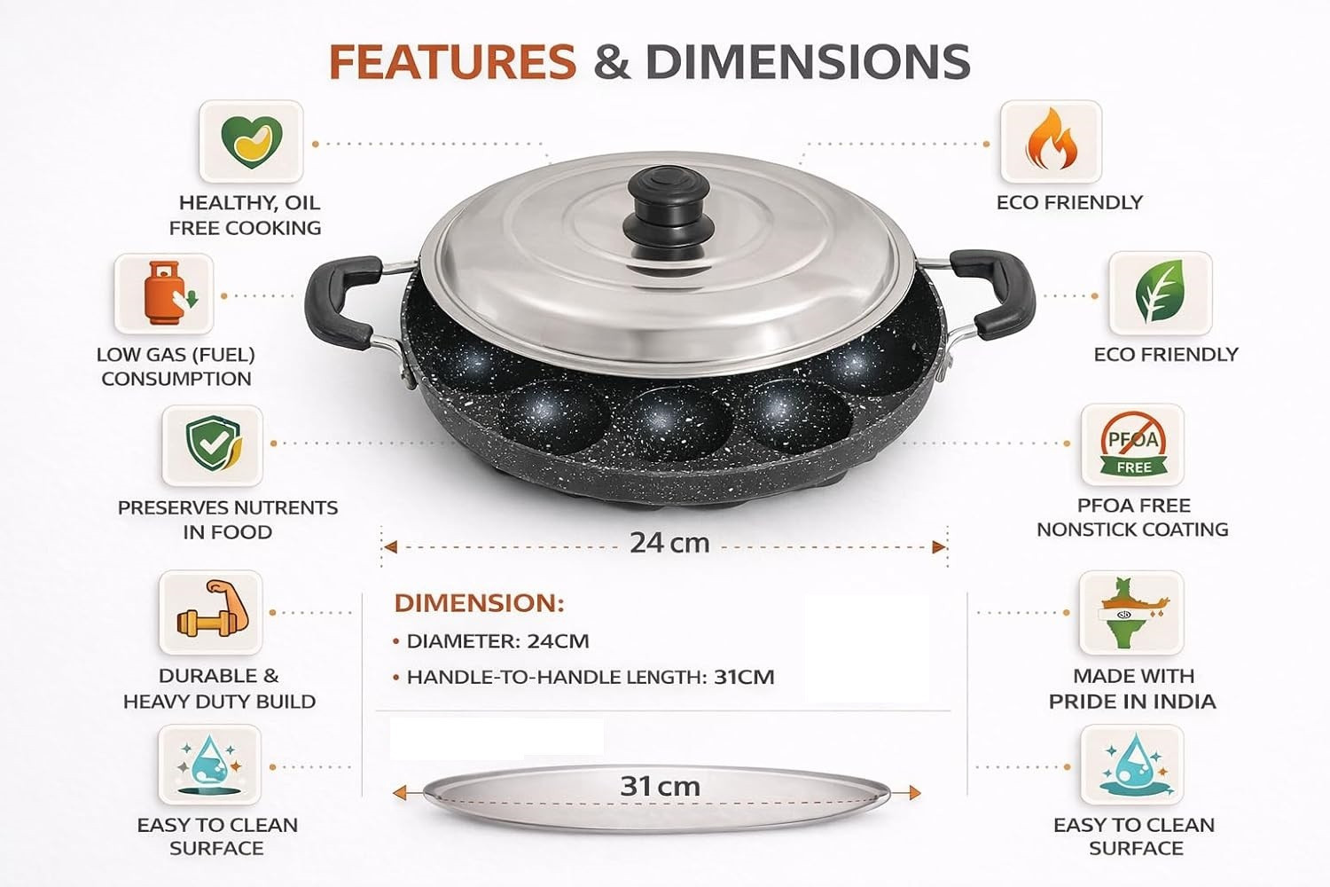 Image of Swarambh 3 Coated Non Stick With Spatter Appam pan Patra Hammer Tone Kadhai 23.5 cm diameter with Lid 0.25 L capacity
