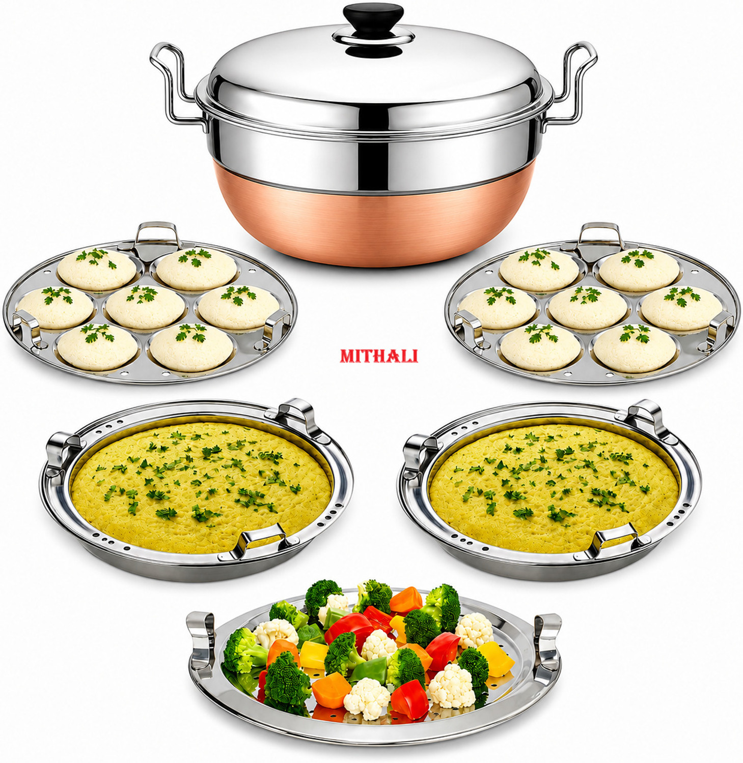 Image of Snapple Idli Cooker Multi Kadai Steamer 5Plate, 2 Idli|2 Dhokla|1 Patra|Momo's| Induction & Standard Idli Maker