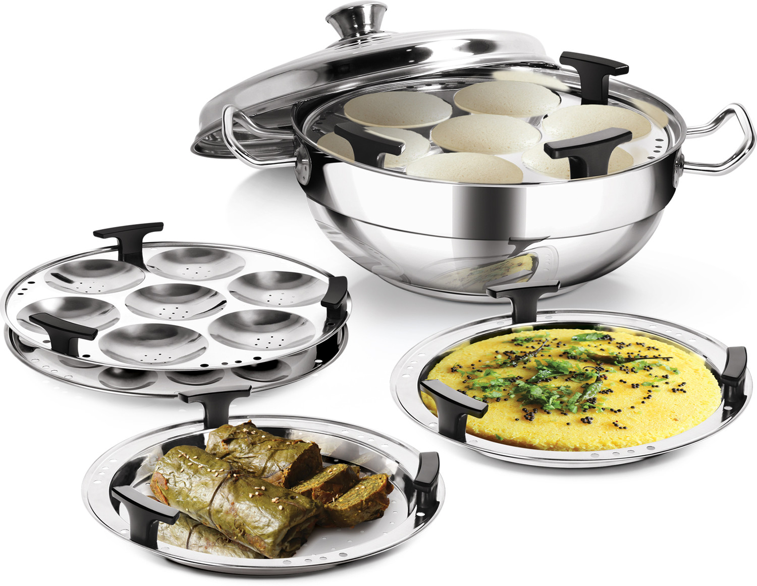 Image of MILTON Pro Cook Stainless Steel Multi -Kadhai (Idli, Mini Idli, Steamer & Dhokla Plate) Induction Idli Maker