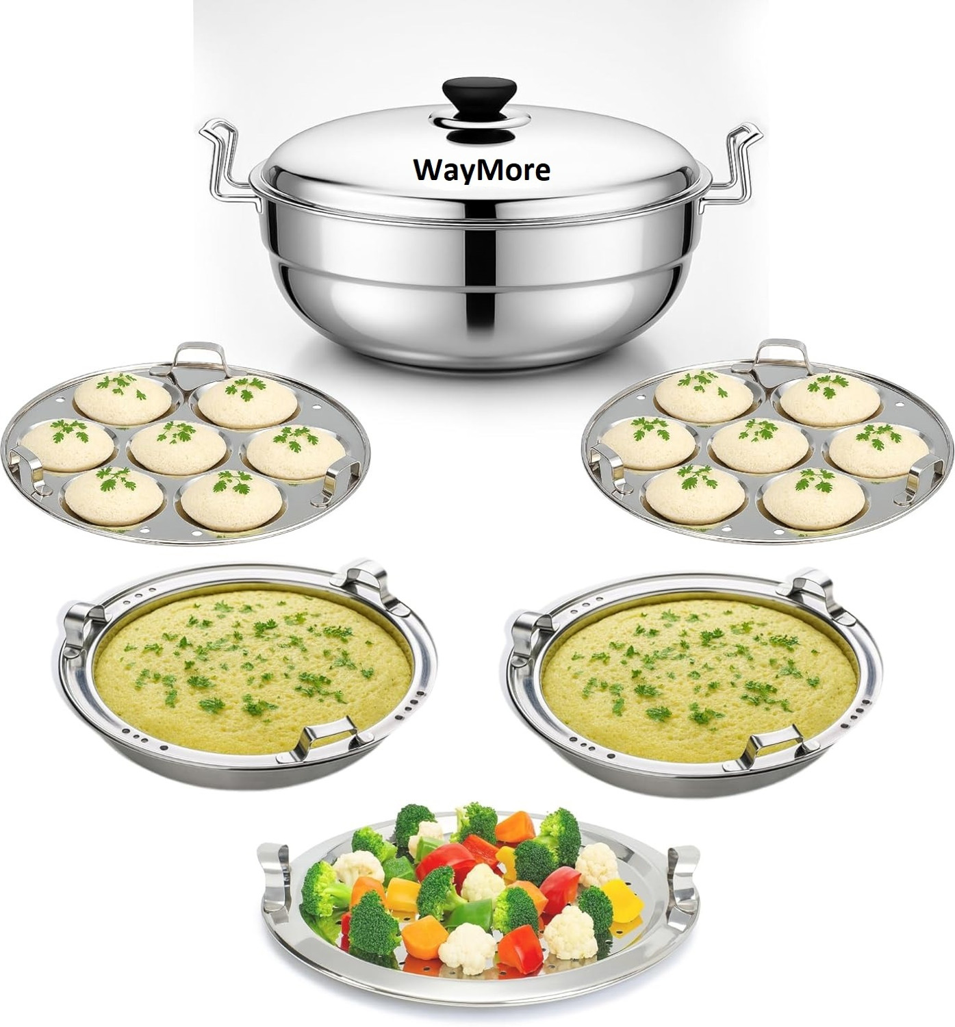 Image of WAYMORE Idli Dhokla Cooker 5 Plate, 2Idli|2Dhokla|1Patra|Momos Steamer|3 in 1|28.5cm Dia Induction & Standard Idli Maker (5 Plates, 14 Idlis )