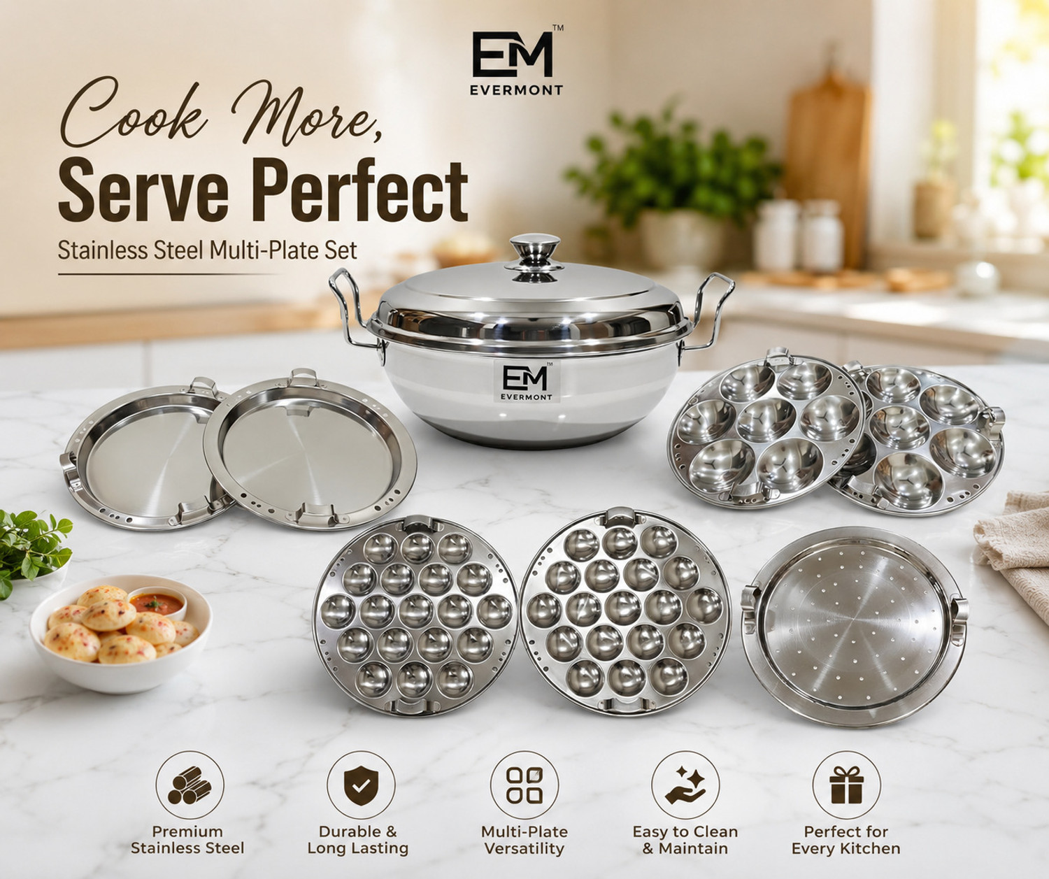 Image of Evermont Stainless Steel Multi Kadhai Cooker Set with Idli, Dhokla & Patra Plates Induction & Standard Idli Maker