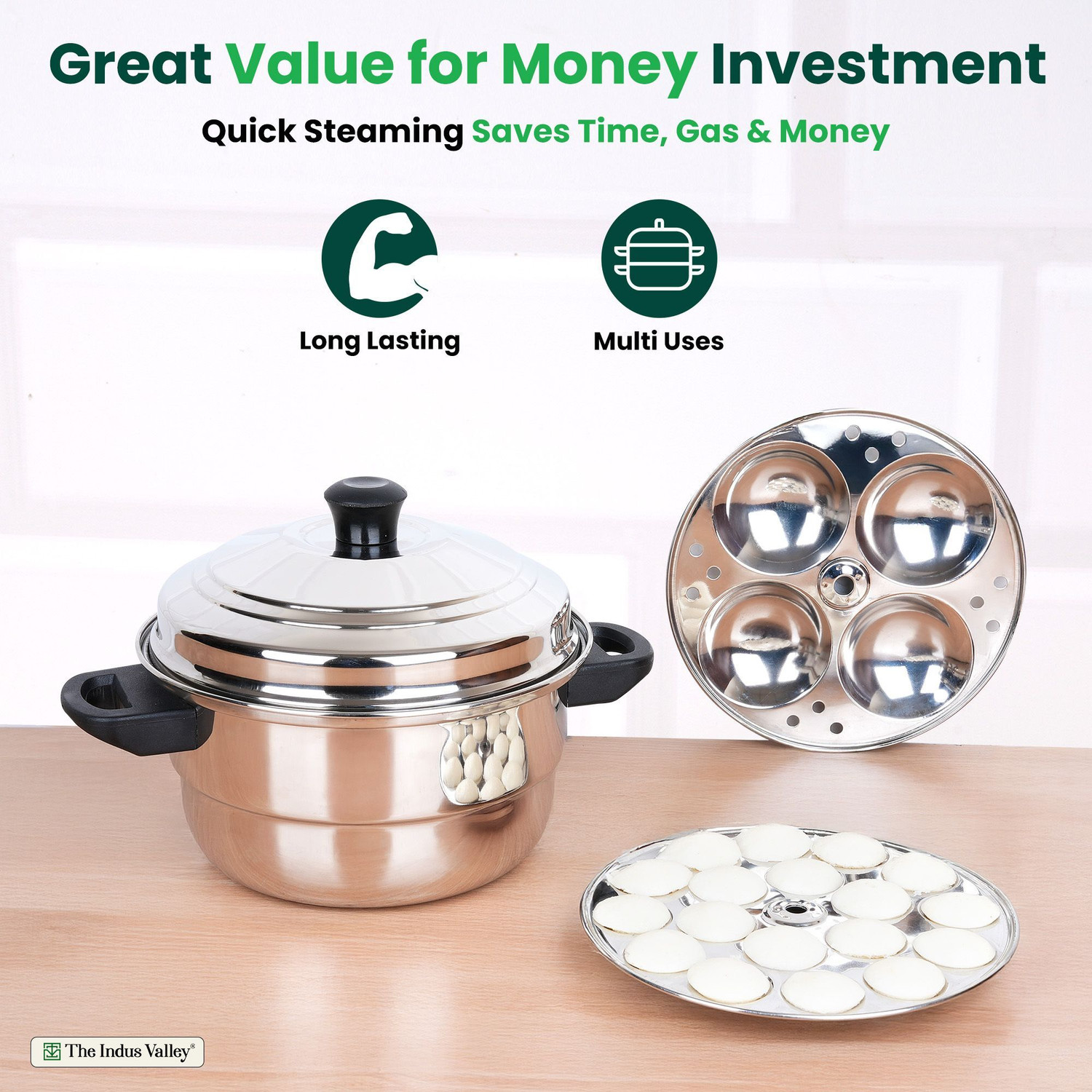 Image of The Indus Valley StainlessSteel 3-Layer Bottom Idli pot with mini idli plate 22.5cm Diameter Induction Idli Maker