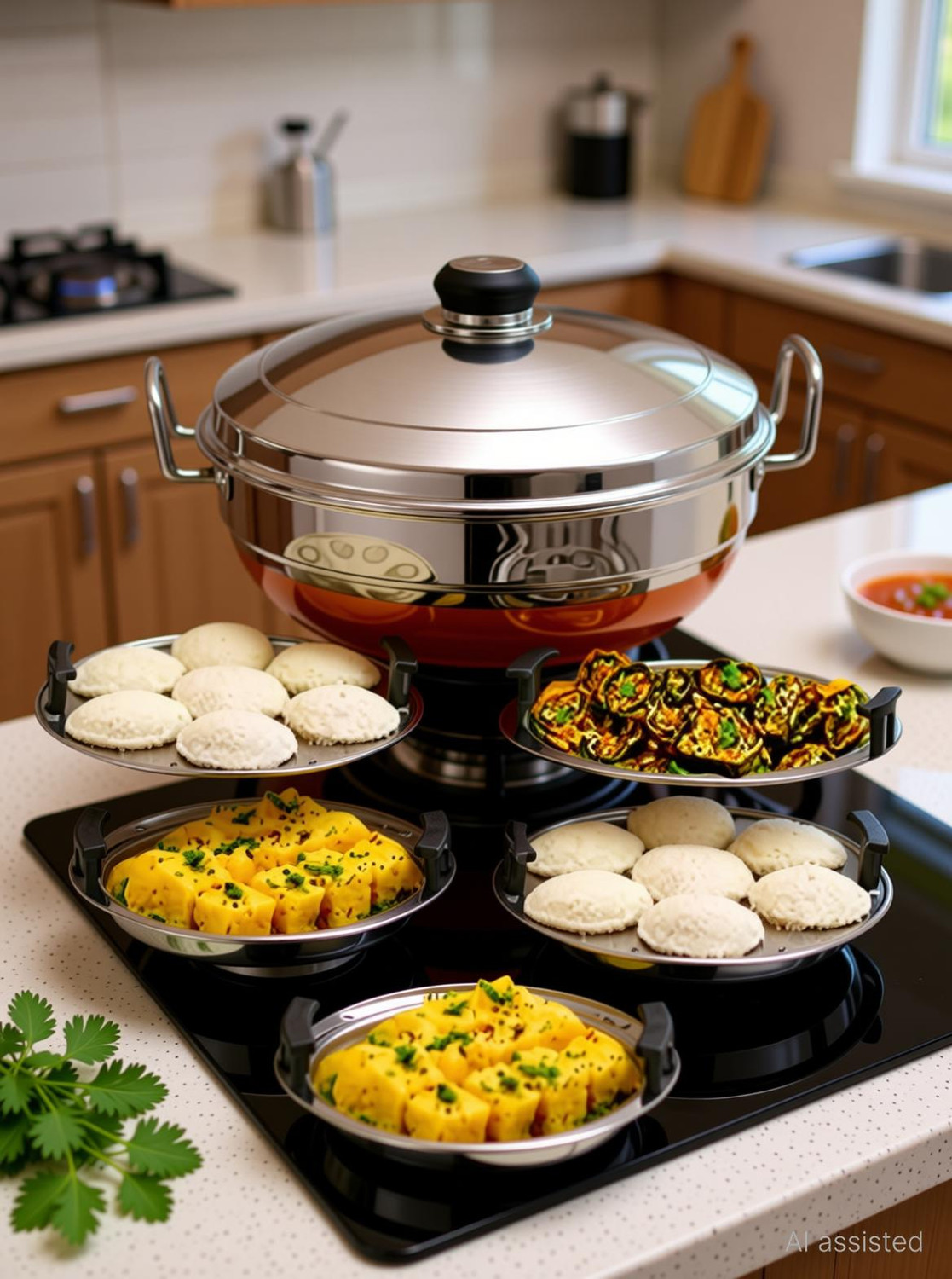 Image of Sambhavnath All-in-One Stainless Steel Idli Cooker Multi Kadai Steamer Standard Idli Maker