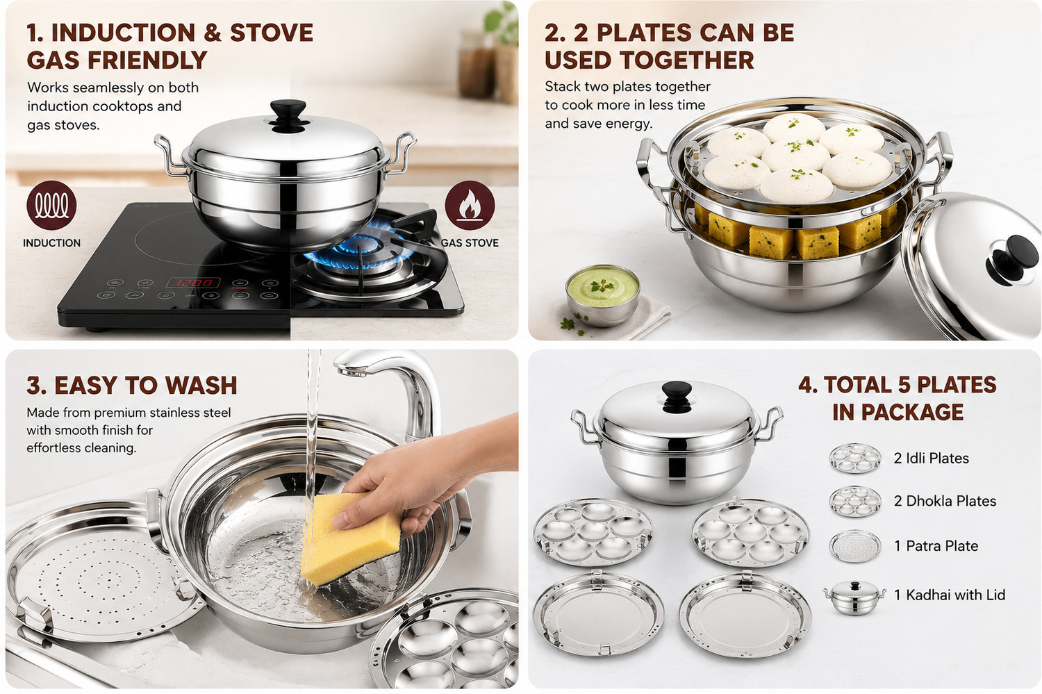 Image of CENTURA BuddyBox Stainless Steel idli maker Kadhai with 5 Plates Induction & Standard Idli Maker