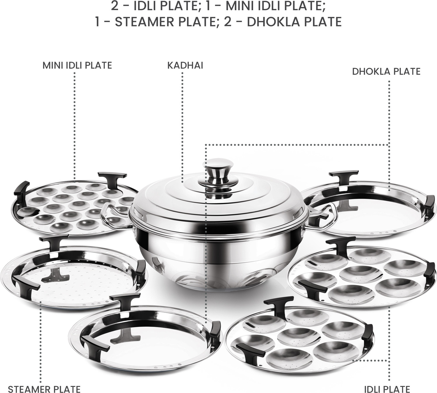 Image of MILTON Pro Cook Stainless Steel Multi -Kadhai (Idli, Mini Idli, Steamer & Dhokla Plate) Induction Idli Maker