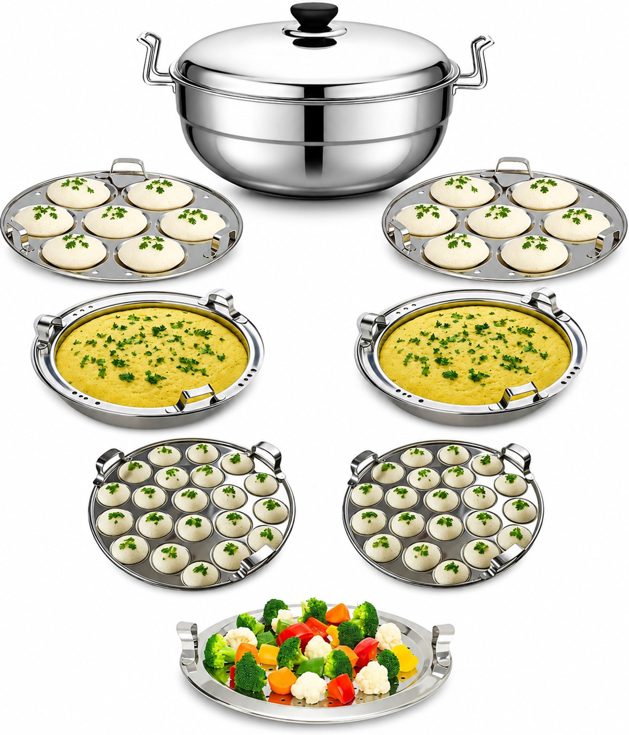 Image of MITHALI Multi Kadai Steamer Big Size 6 Plate, 2 Idli|2 Mini Idli|2 Dhokla|1 Patra|Momo's Induction & Standard Idli Maker