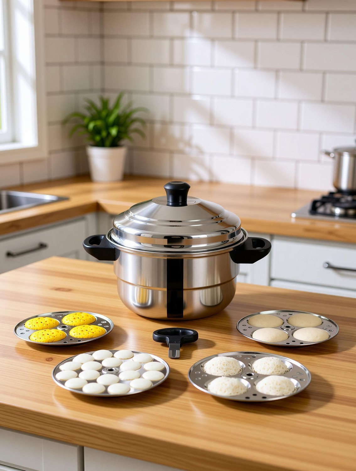 Image of The Indus Valley StainlessSteel 3-Layer Bottom Idli pot with mini idli plate 22.5cm Diameter Induction Idli Maker