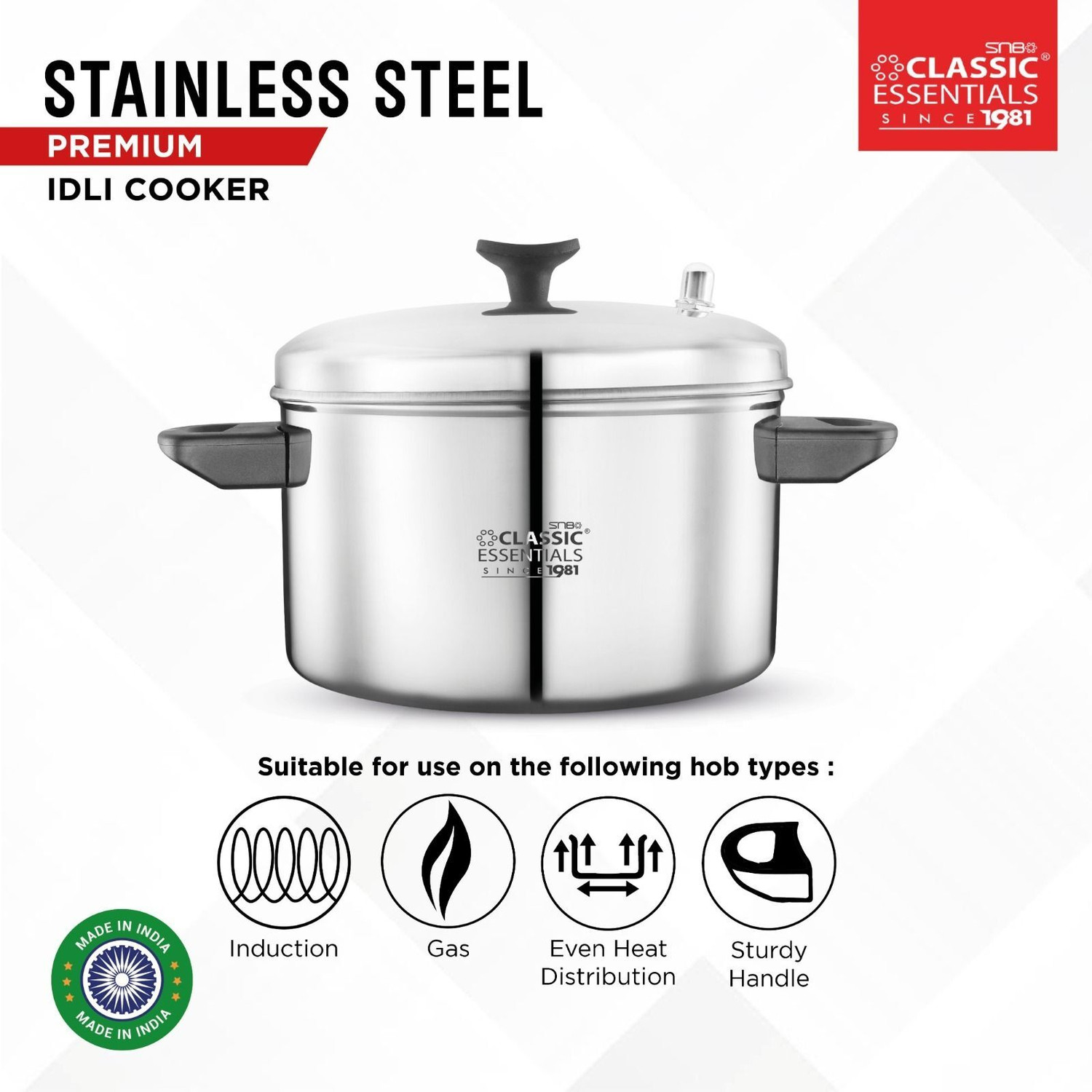 Image of Classic Essentials Stainless Steel Idli Cooker with 3 Plates, 12 Idlis Standard Idli Maker