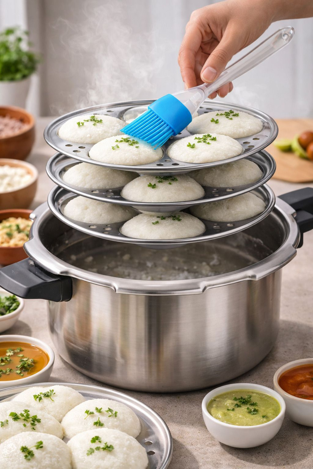 Image of Rareit Stainless Steel Idli Stand - 3 Plate (12 Idlis) with Free Brush Standard Idli Maker