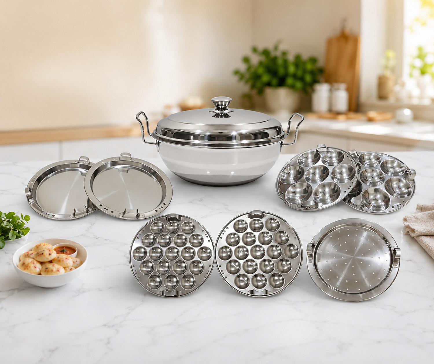 Image of Evermont Stainless Steel Multi Kadhai Cooker Set with Idli, Dhokla & Patra Plates Induction & Standard Idli Maker