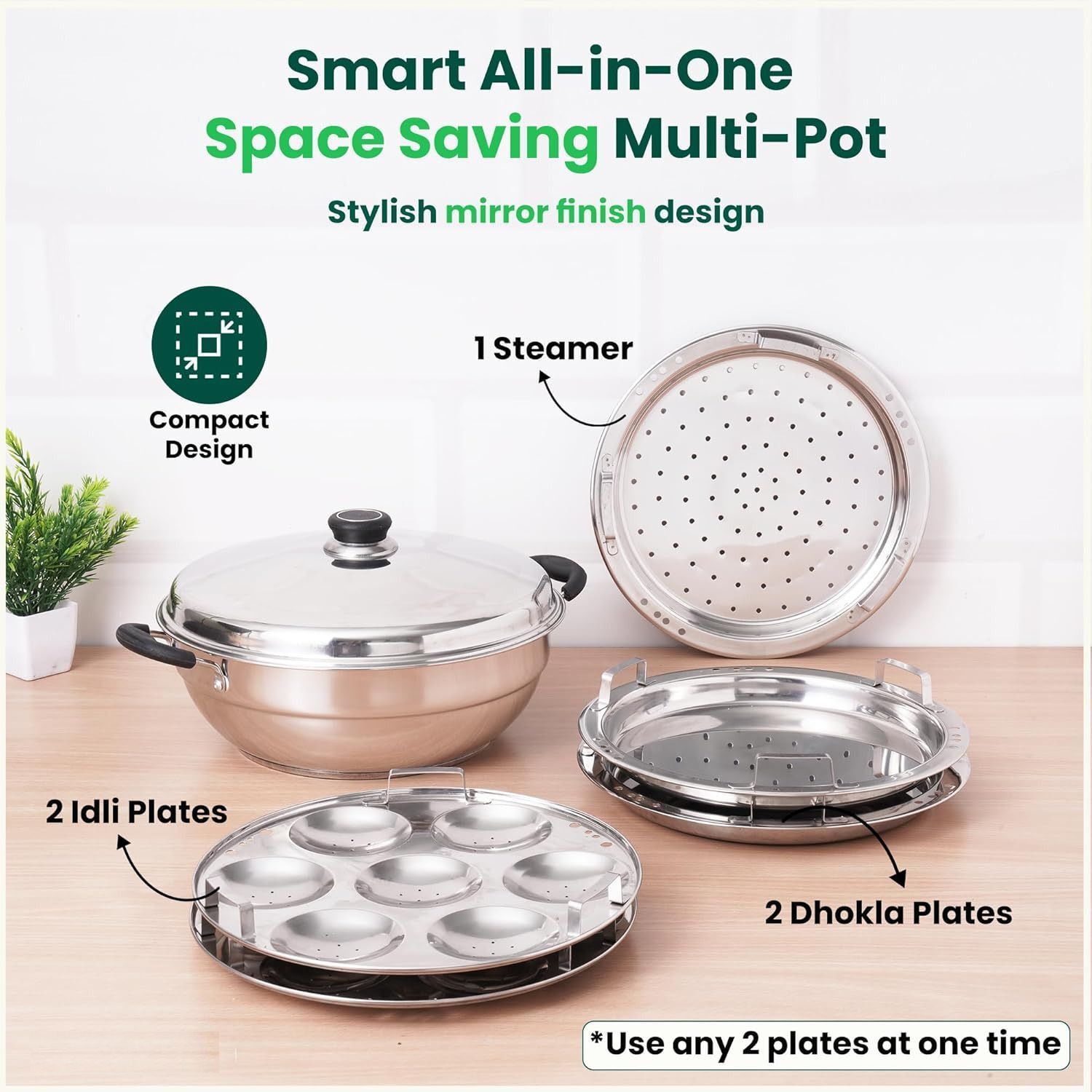 Image of MITHALI Stainless Steel Multi Kadai with 2 Idli, 2 Dhokla & 1 Patra Steamer Plate Induction & Standard Idli Maker