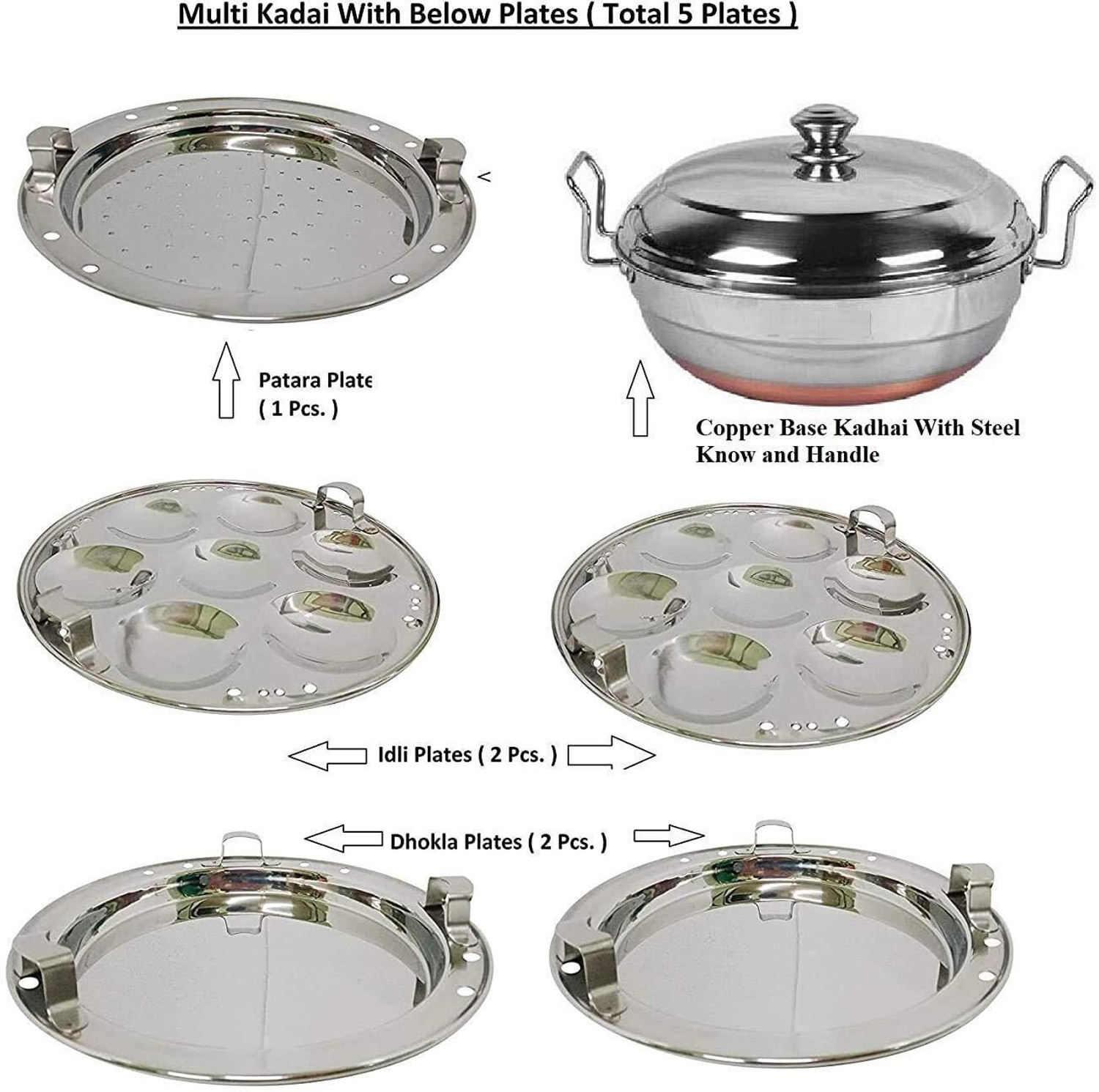 Image of WAYMORE All-in-One Steel Cooker Multi Kadai Steamer with Copper Bottom with 5Plates Standard Idli Maker