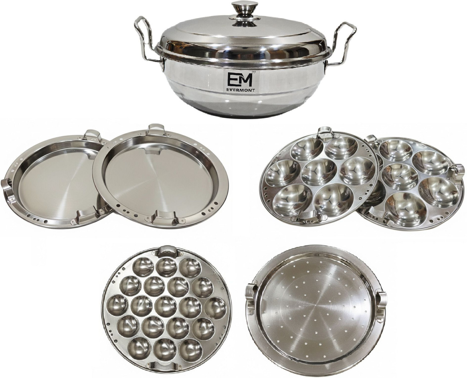 Image of Evermont 6 Plates Stainless Steel Multi Kadai with (Triply Bottom) Bottom Induction & Standard Idli Maker