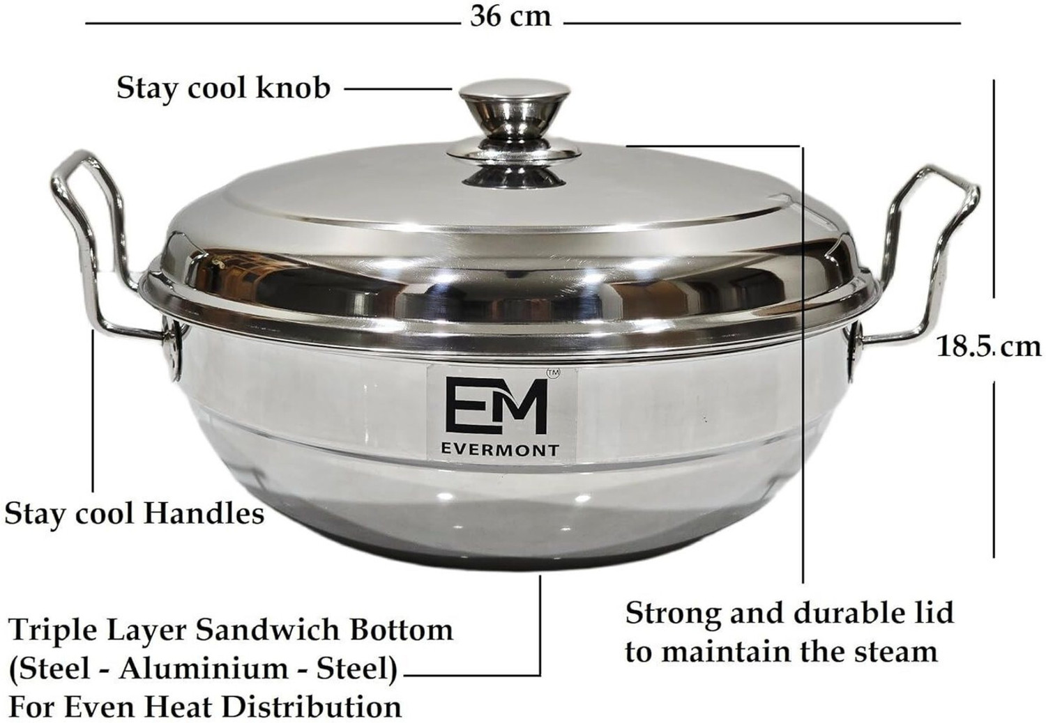 Image of Evermont Stainless Steel Multi Kadhai Cooker Set with Idli, Dhokla & Patra Plates Induction & Standard Idli Maker