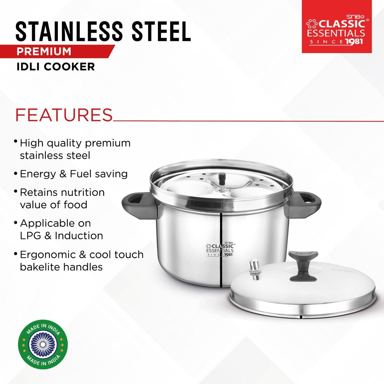 Image of Classic Essentials Stainless Steel Idli Cooker with 3 Plates, 12 Idlis Standard Idli Maker