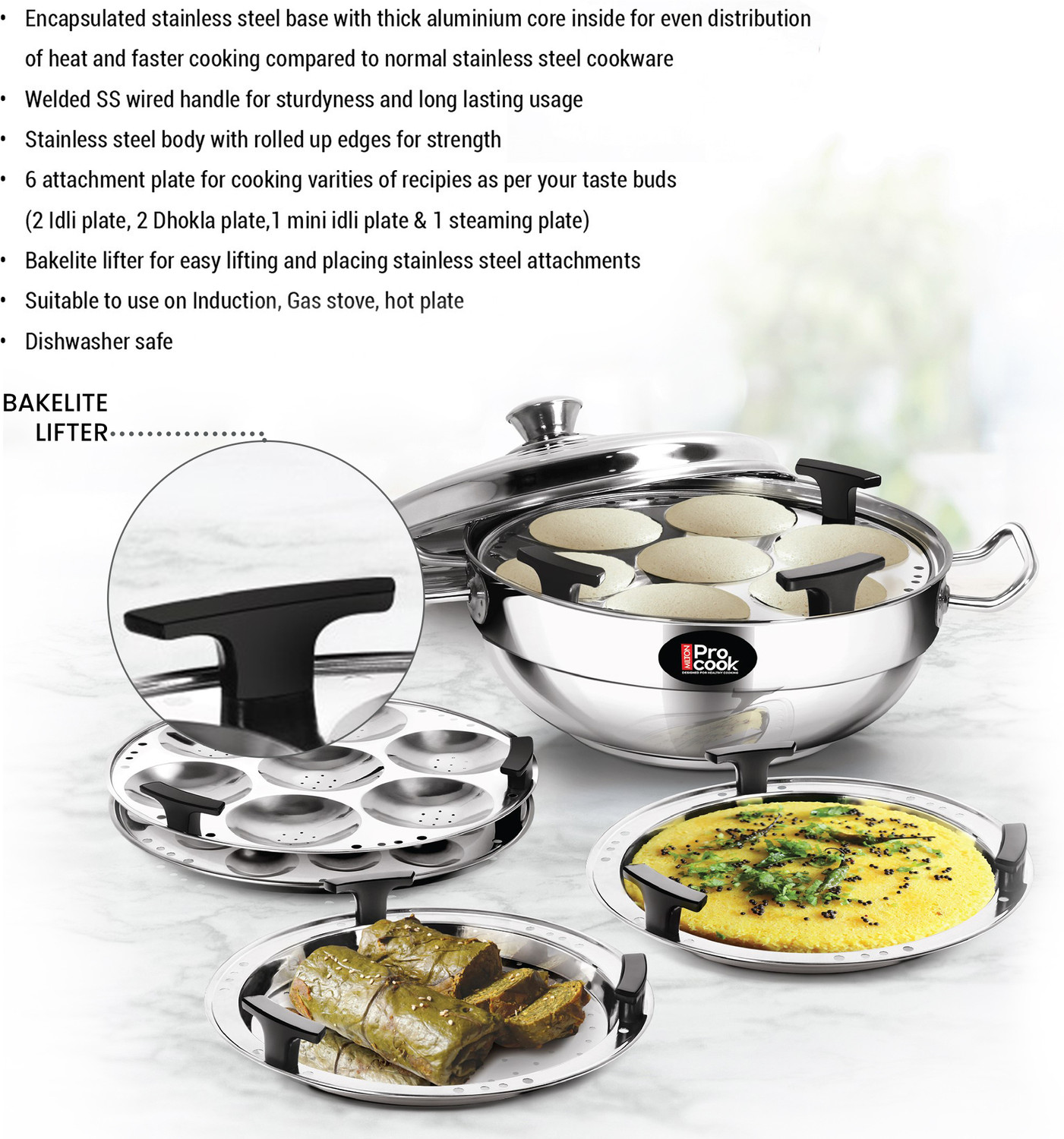 Image of MILTON Pro Cook Stainless Steel Multi -Kadhai (Idli, Mini Idli, Steamer & Dhokla Plate) Induction Idli Maker