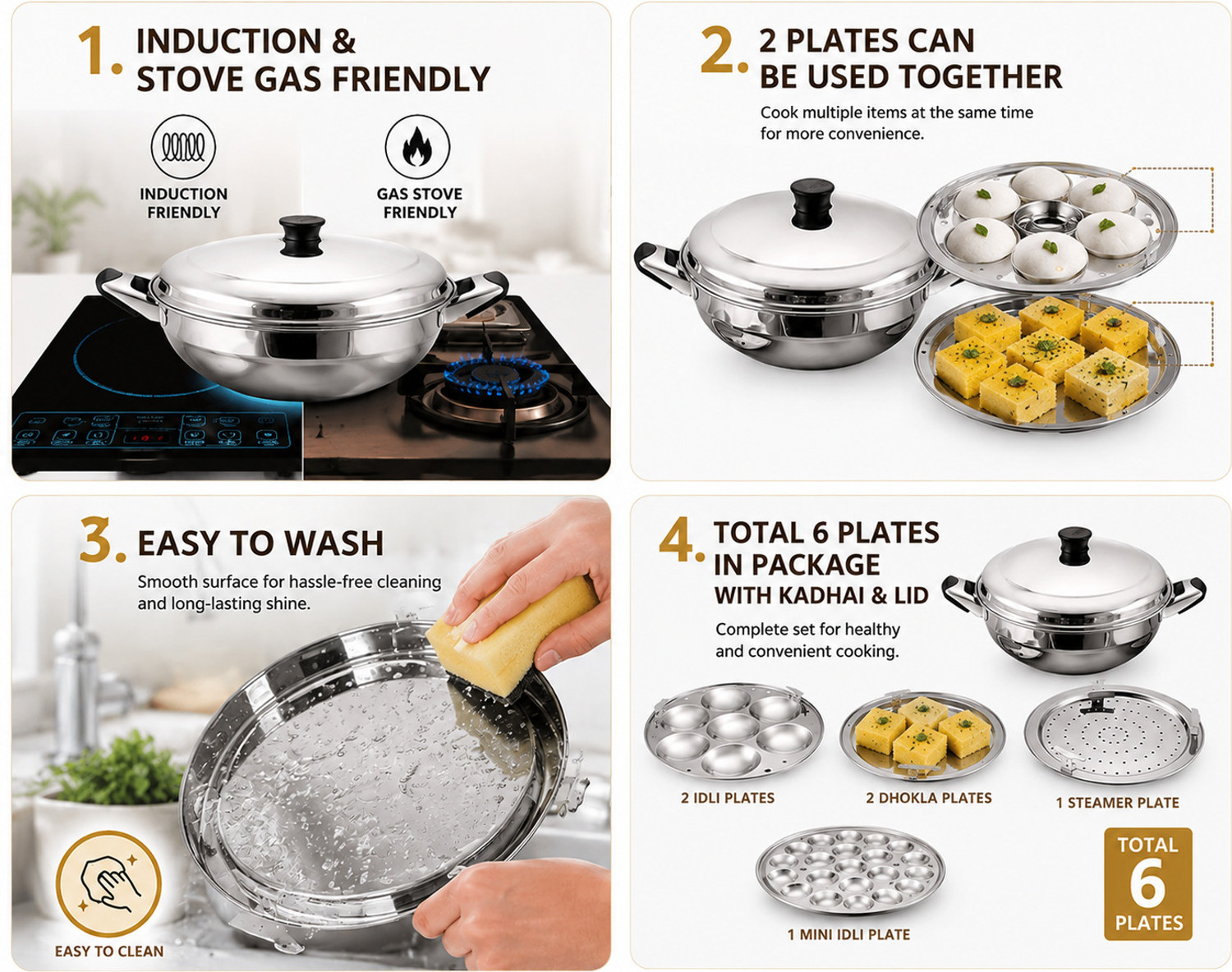 Image of Sambhavnath Multi Kadai Steamer Big Size 6 Plate, 2 Idli|1 Mini Idli|2 Dhokla|1 Patra|Momo's Induction & Standard Idli Maker