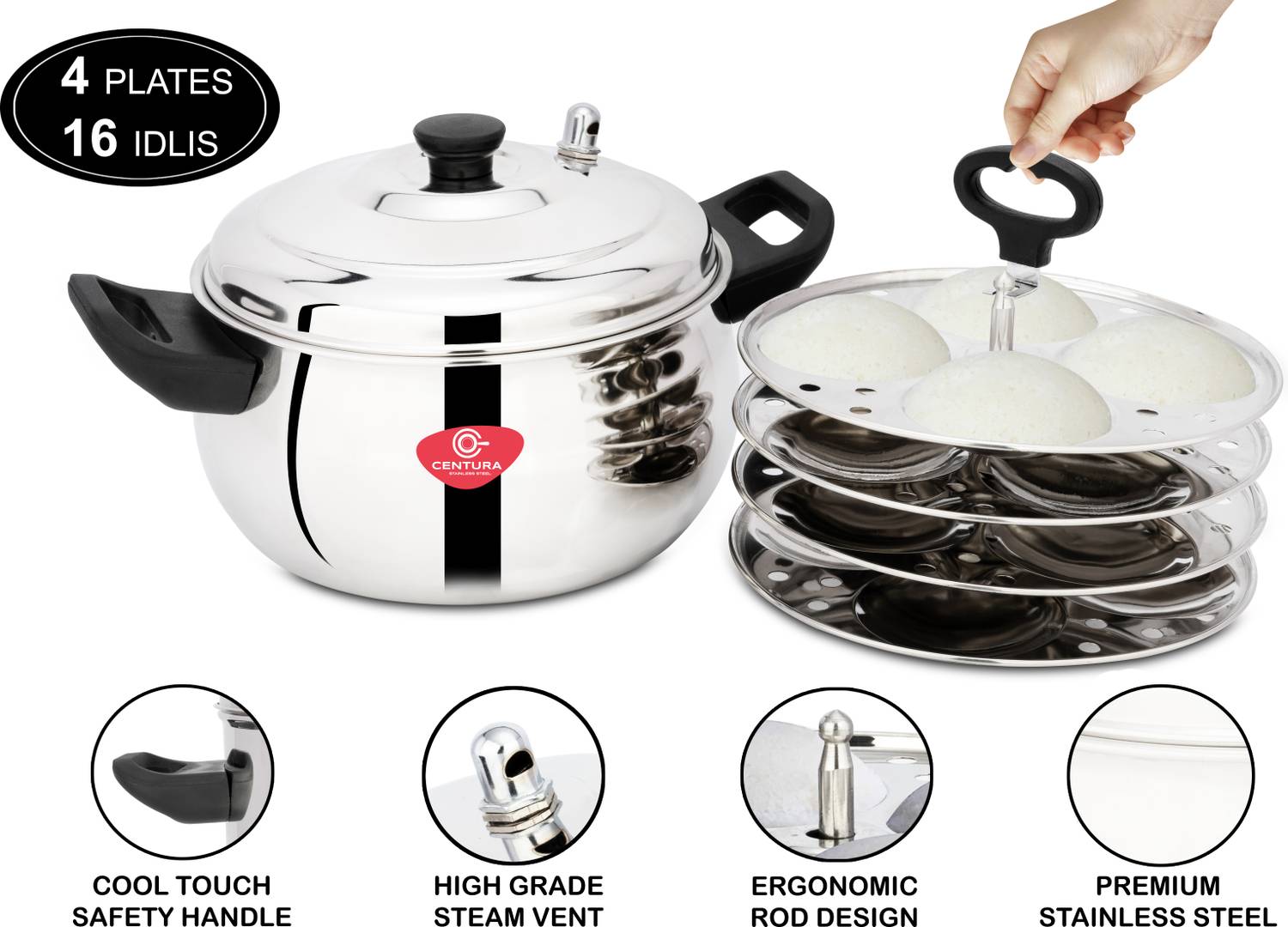 CENTURA Stainless Steel Curvv Multipurpose Idli Maker, 4 Plates, - Image 4