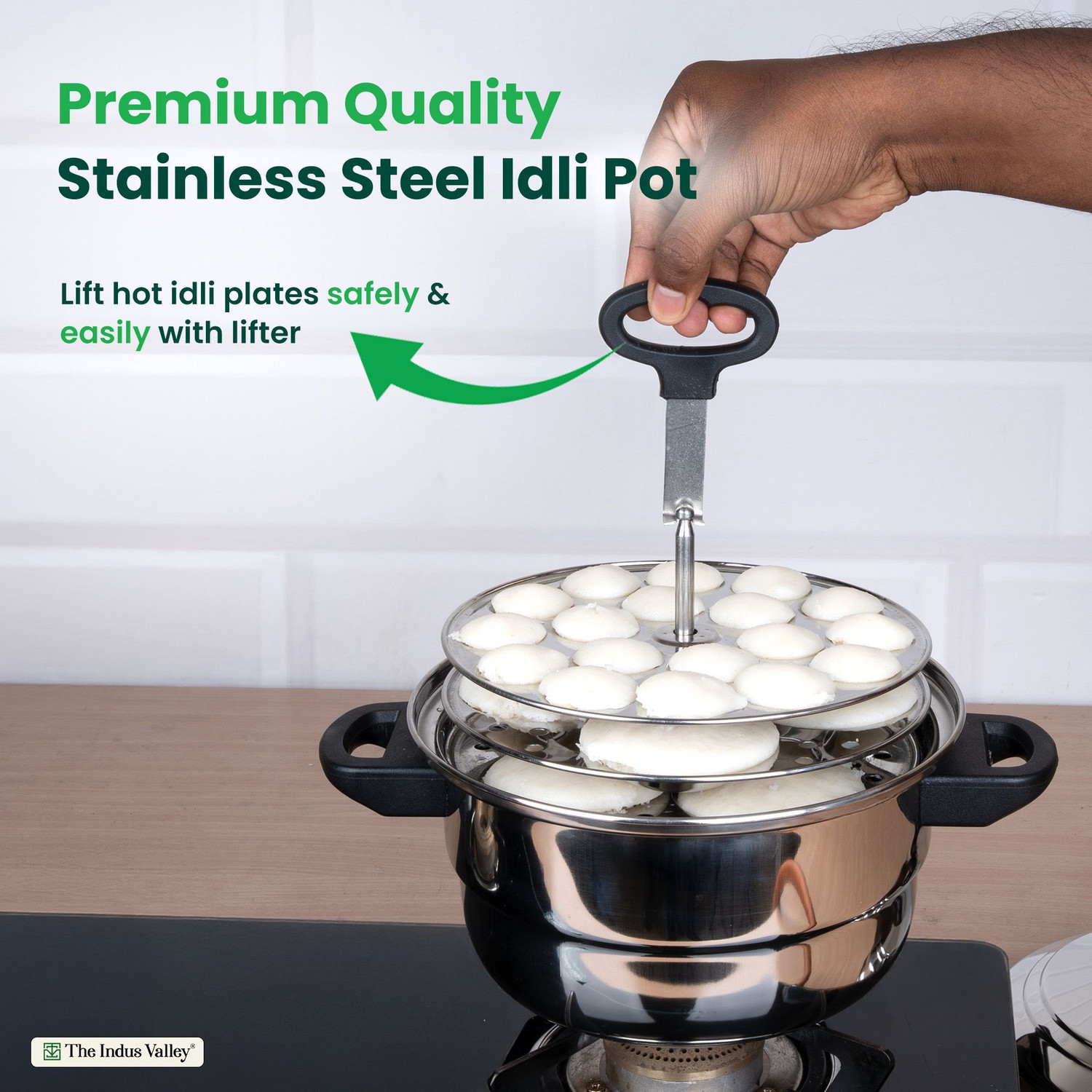 Image of The Indus Valley StainlessSteel 3-Layer Bottom Idli pot with mini idli plate 22.5cm Diameter Induction Idli Maker