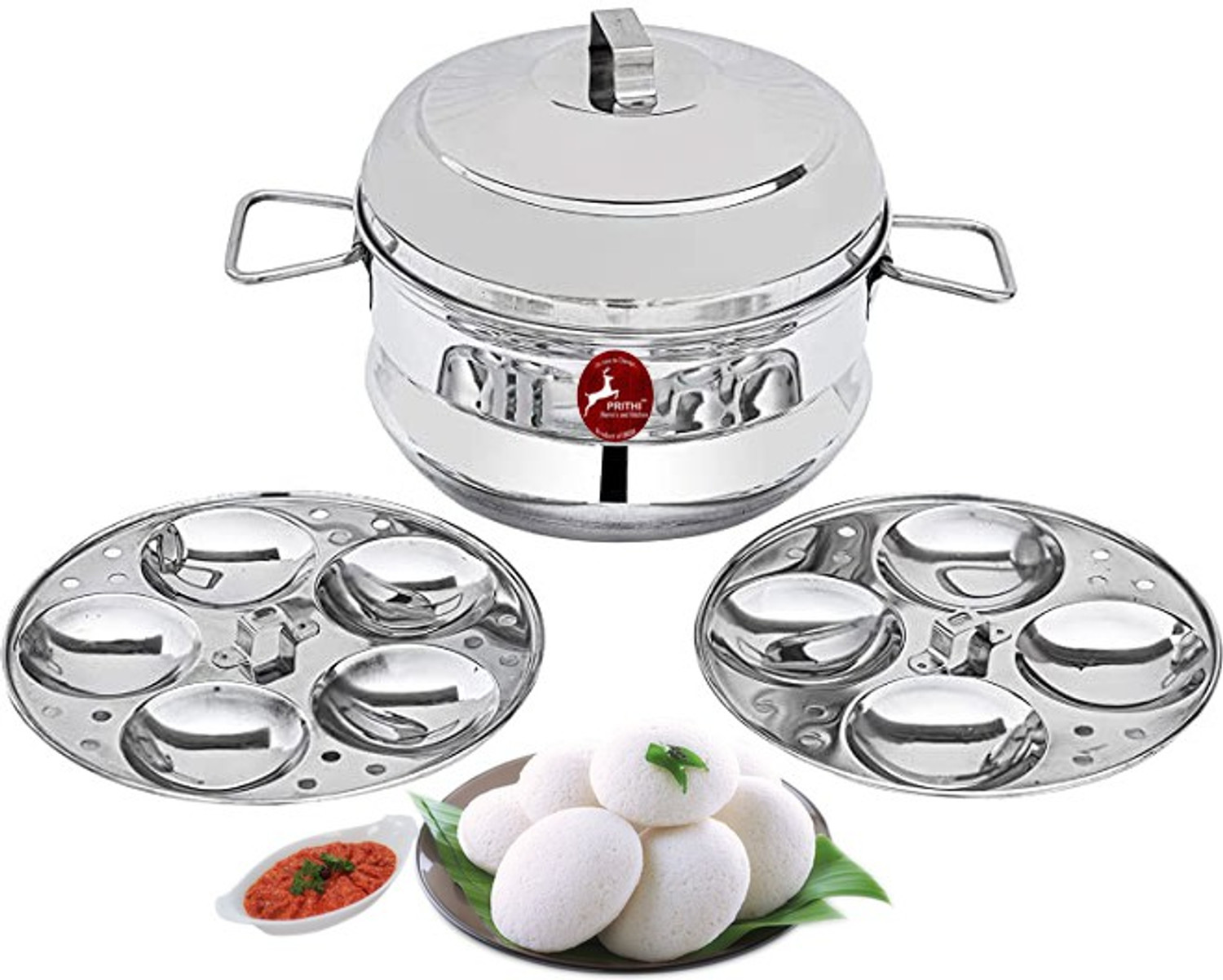 Image of Prithi Home's and Kitchen Stainless Steel Idli Maker Steamer Idli Pot 2 plates 9 Idly cavity Induction & Standard Idli Maker