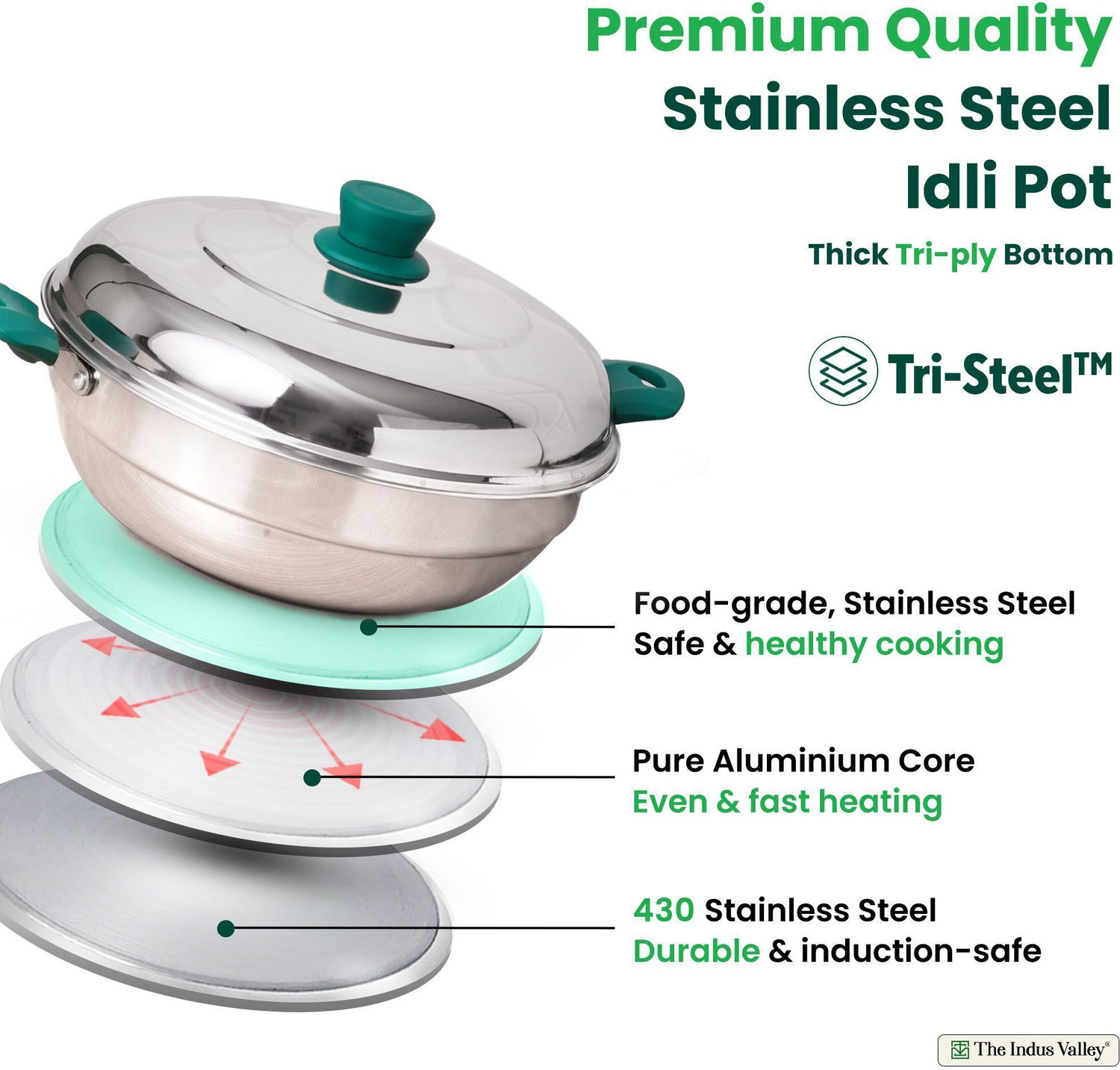 Image of The Indus Valley Stainless Steel 3-Layer Bottom Idli maker /pot | 27 cm Diameter Induction & Standard Idli Maker
