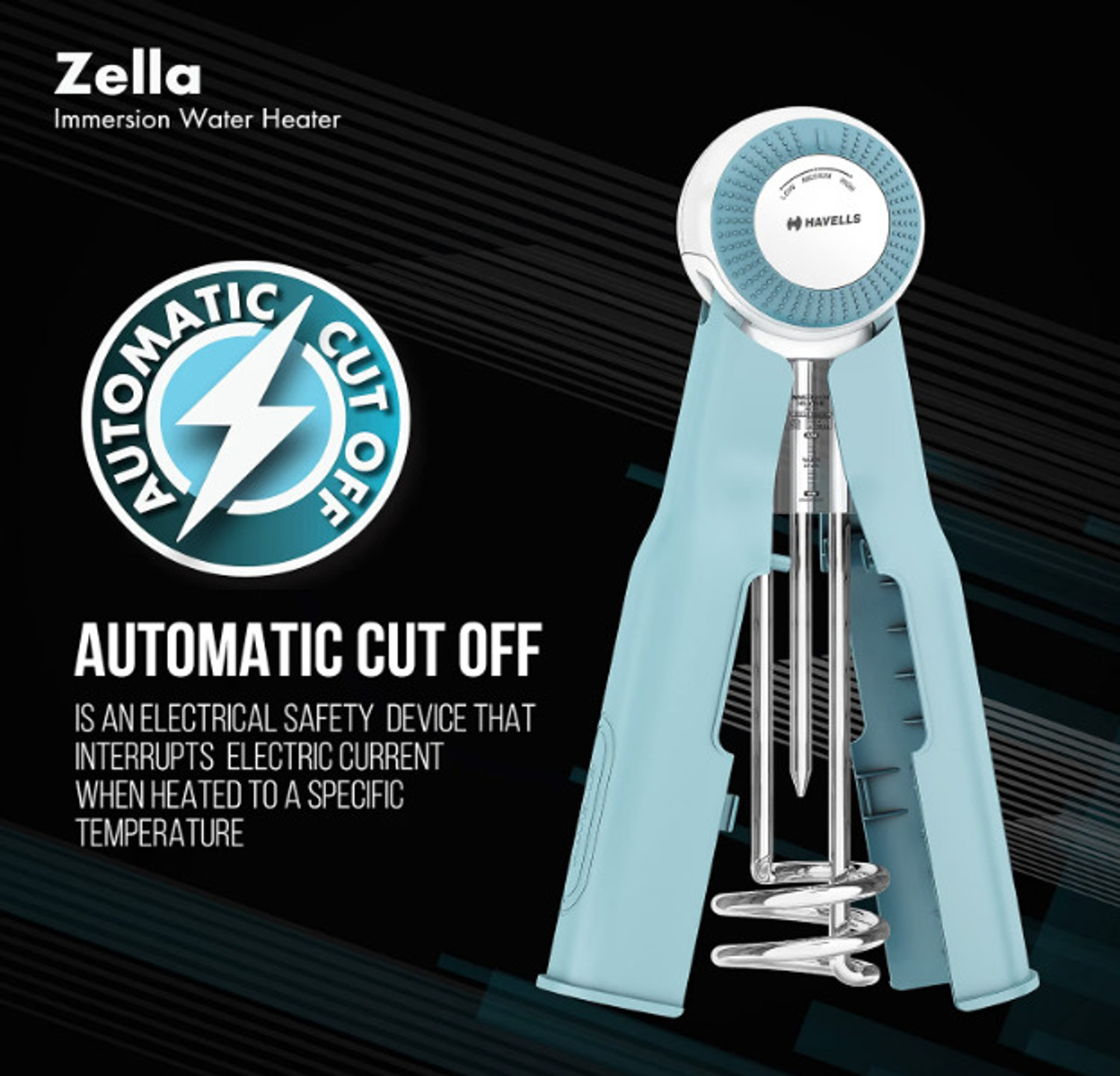 Image of HAVELLS Plastic Zella Automatic Cut-Off,Safe Operation Pack 1 1500 W Immersion Heater Rod (Water)