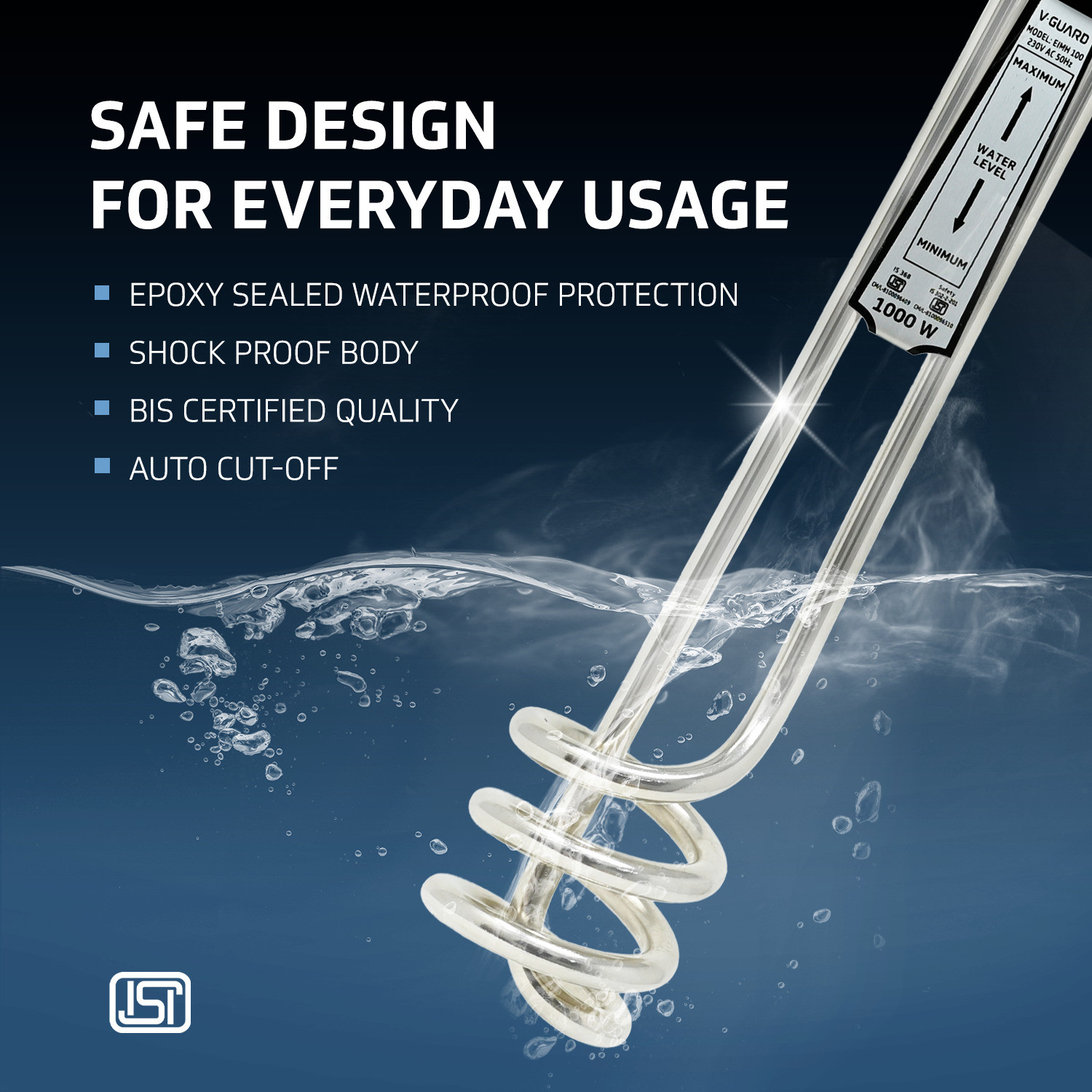 Image of V-Guard EIMH 100 Immersion Water Heater with Fast Heating & Shock Protection 1000 W Immersion Heater Rod (Ideal for Bathing & Bucket Heating)
