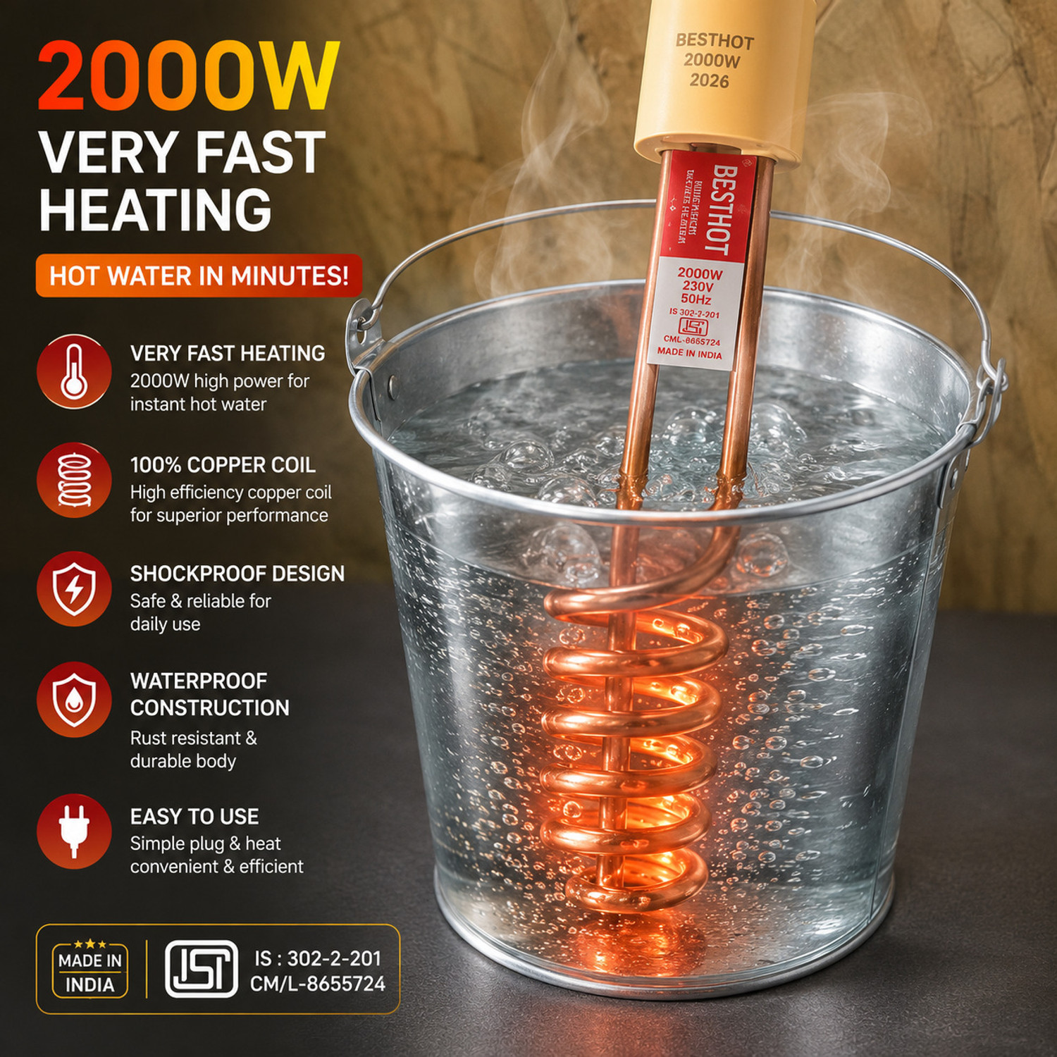 Image of BESTHOT 2000W Immersion Water Heater Rod | Shock Proof | Double ISI Certified 2000 W Shock Proof Immersion Heater Rod (Water)