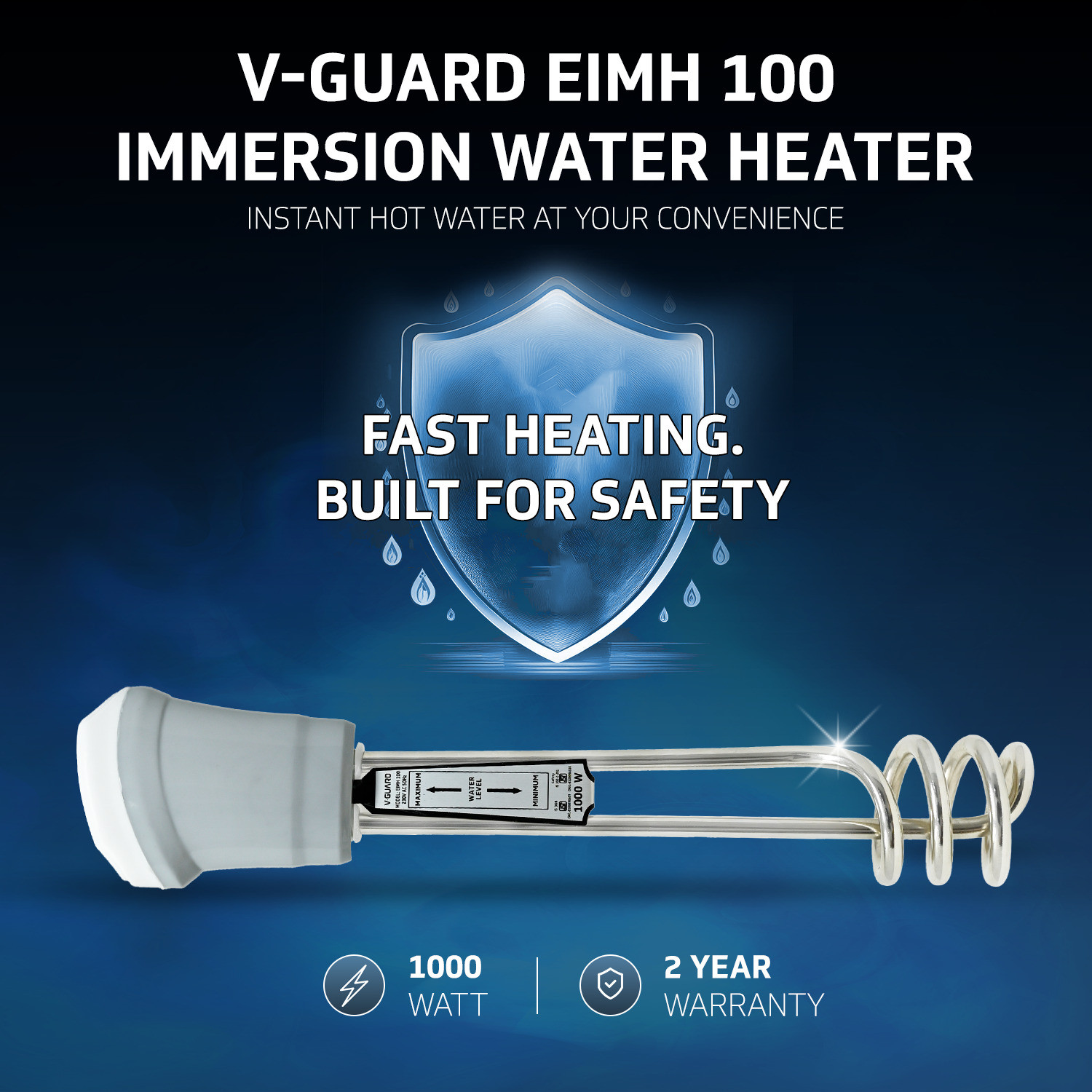 Image of V-Guard EIMH 100 Immersion Water Heater with Fast Heating & Shock Protection 1000 W Immersion Heater Rod (Ideal for Bathing & Bucket Heating)