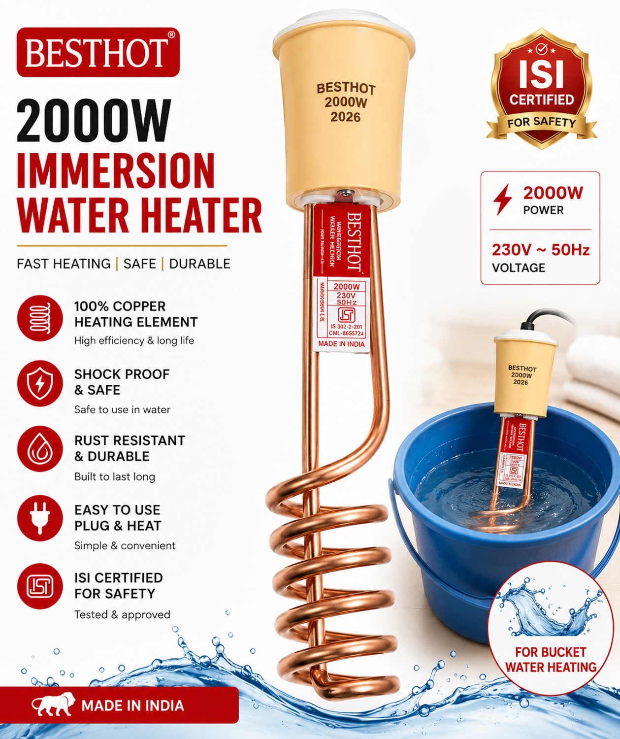 Image of BESTHOT 2000W Immersion Water Heater Rod | Shock Proof | Double ISI Certified 2000 W Shock Proof Immersion Heater Rod (Water)