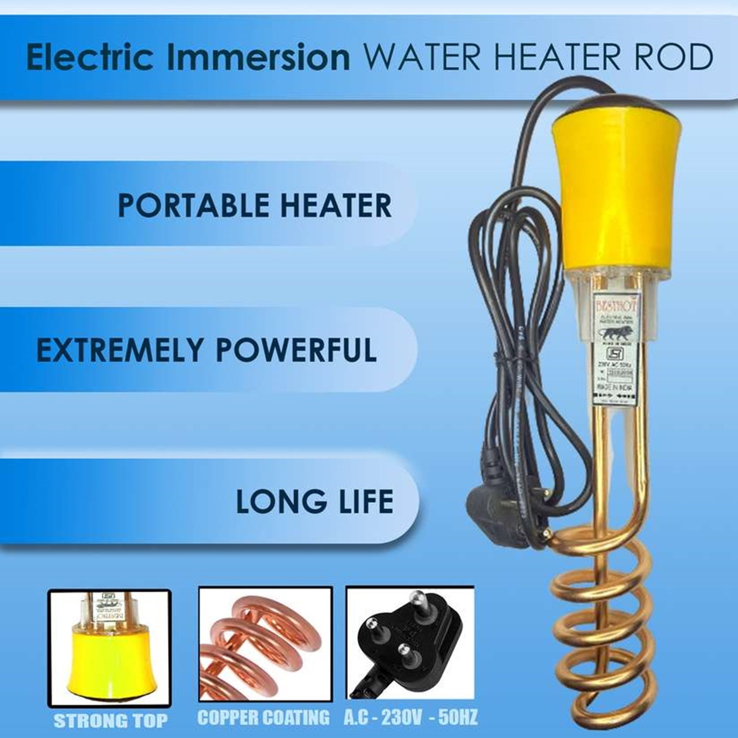 Image of BESTHOT shock proof body|Heavy copper element|With Bucket clip| ISI certified 1500 W Shock Proof Immersion Heater Rod