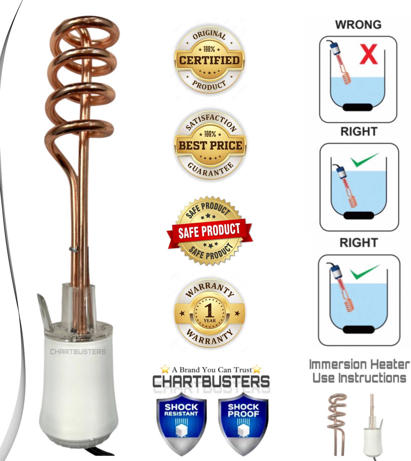 Chartbusters WATERPROOF WATER HEATER NEW DESIGN 1500 W Shock Proof Immersion Heater Rod