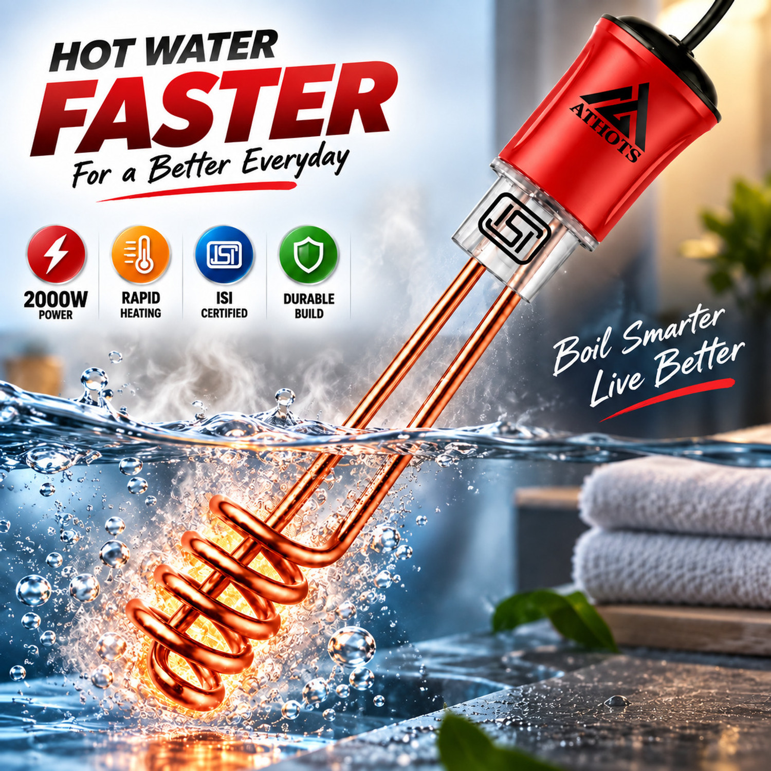 Image of Athots SmartBuy 2000W ISI Mark Shock-Proof & Water-Proof 1999 W Shock Proof Immersion Heater Rod (Water)
