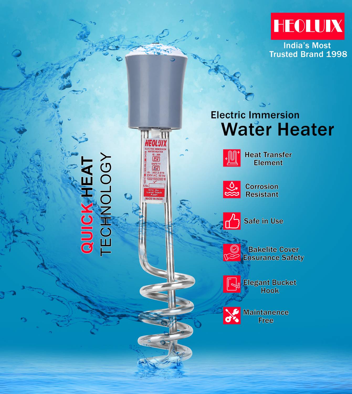 heoluix Water Proof 2000 W Water Heater Immersion Rod. 2000 W Sho