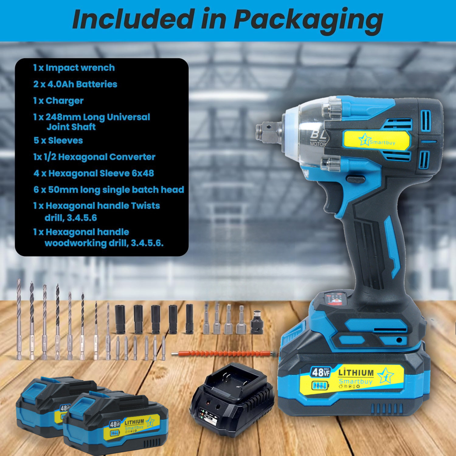 Image of Flipkart SmartBuy Cordless Impact Wrench 700Nm, 2 Battery 48Vf Power Tools 1 /2 inch Square Shaft Cordless Impact Wrench