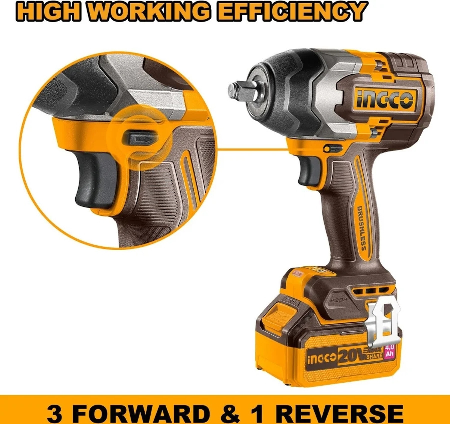 Image of INGCO 20V CIWLI2085(850NM) 1000NM MAXIMUM TORQUE 3 SPEED WITH AI FEATURE Cordless Impact Wrench (1 /2 inch)