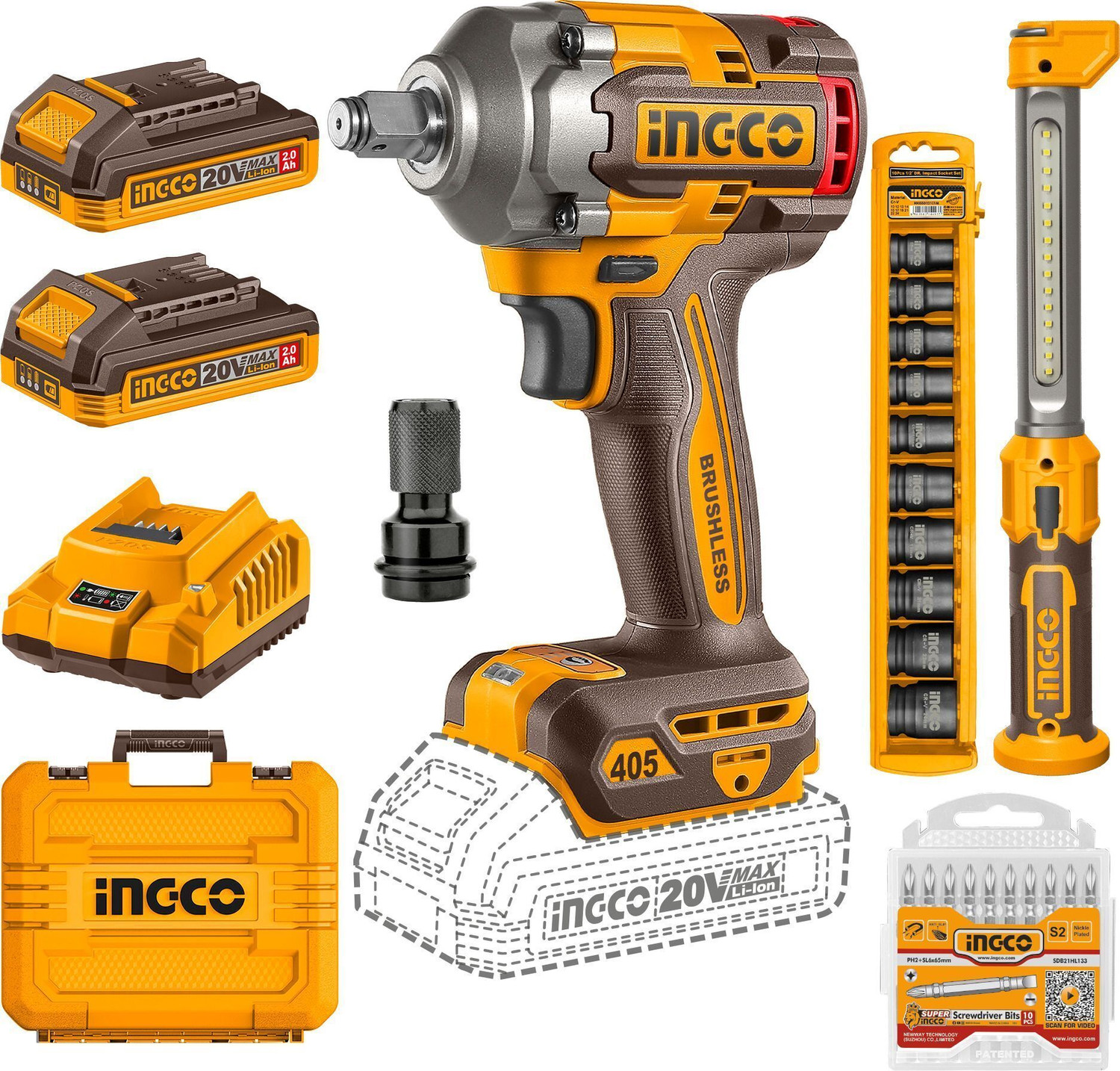 Image of INGCO 20V Cordless Impact Wrench 405Nm + Work Lamp | Complete Accessory Set | Cordless Impact Wrench