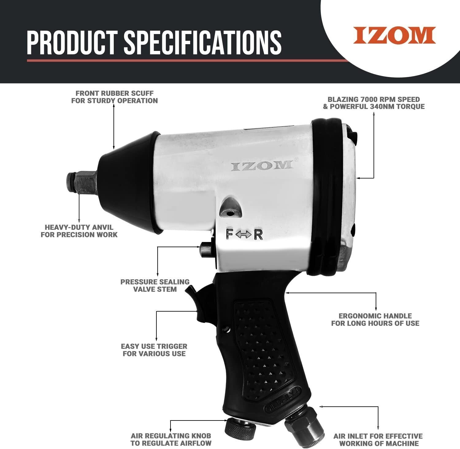 Image of IZOM 250 ft-lbs Air Powered 340NM Torque 7000 RPM 90 PSI for Tire Changing & Workshop Pneumatic Impact Wrench