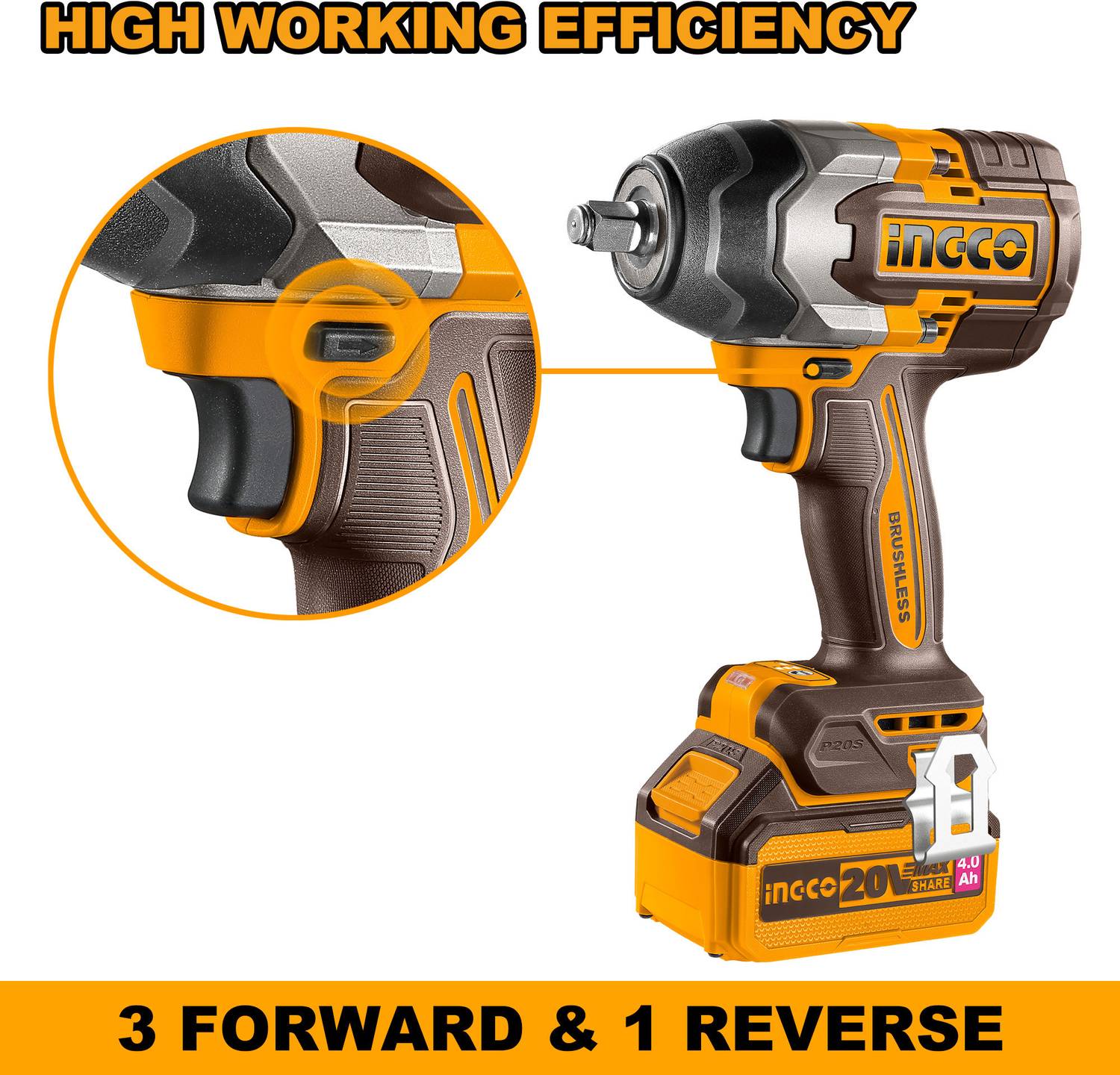 INGCO CIWLI2085 850Nm 3-Speed Cordless Impact Wrench - Image 3